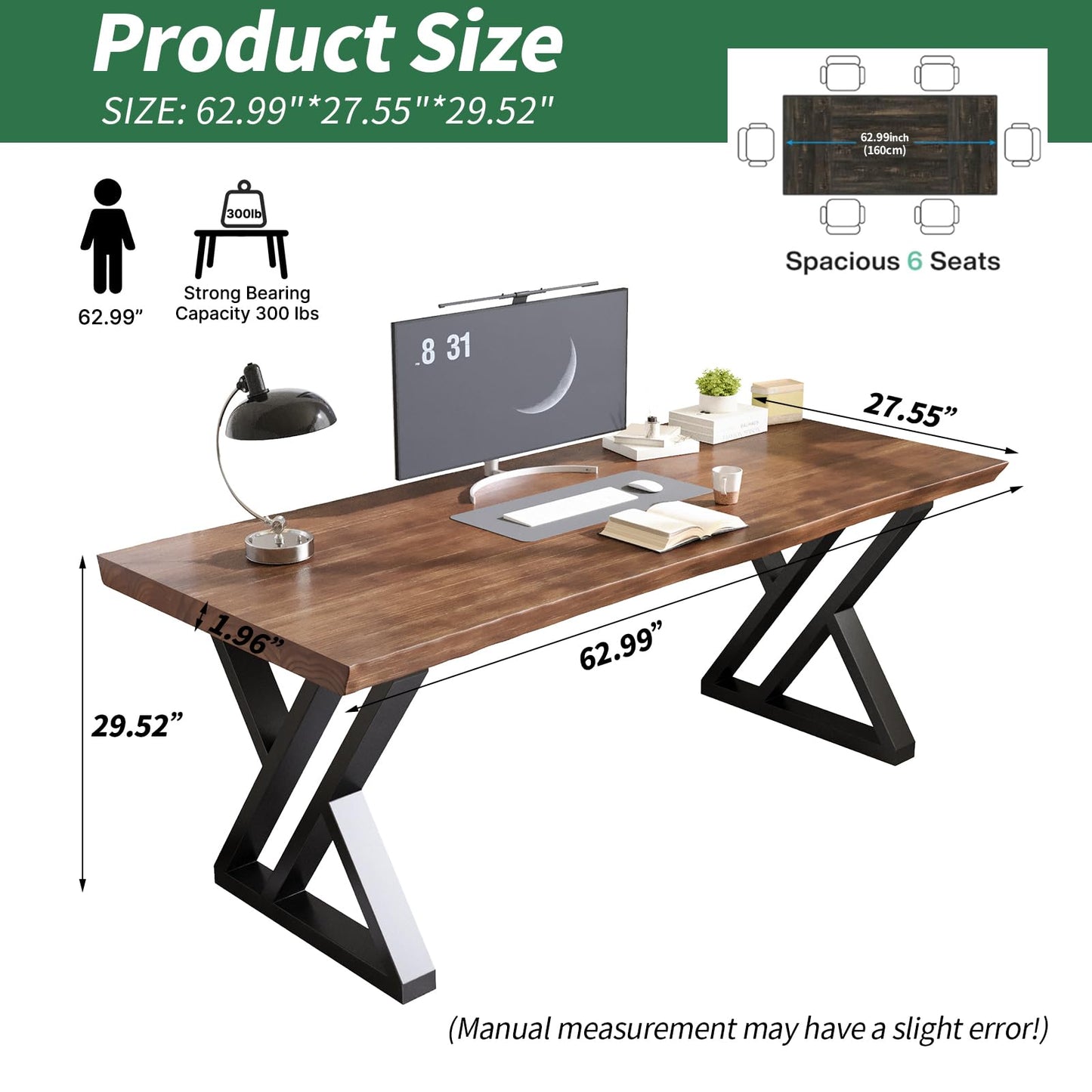 SXXjiaju Solid Wood Desk 63 Inches, Live Edge Wooden Home Office Computer Desk Metal Frame Modern Simple Design Executive Real Wood Desk for Writing Study Dining Gaming
