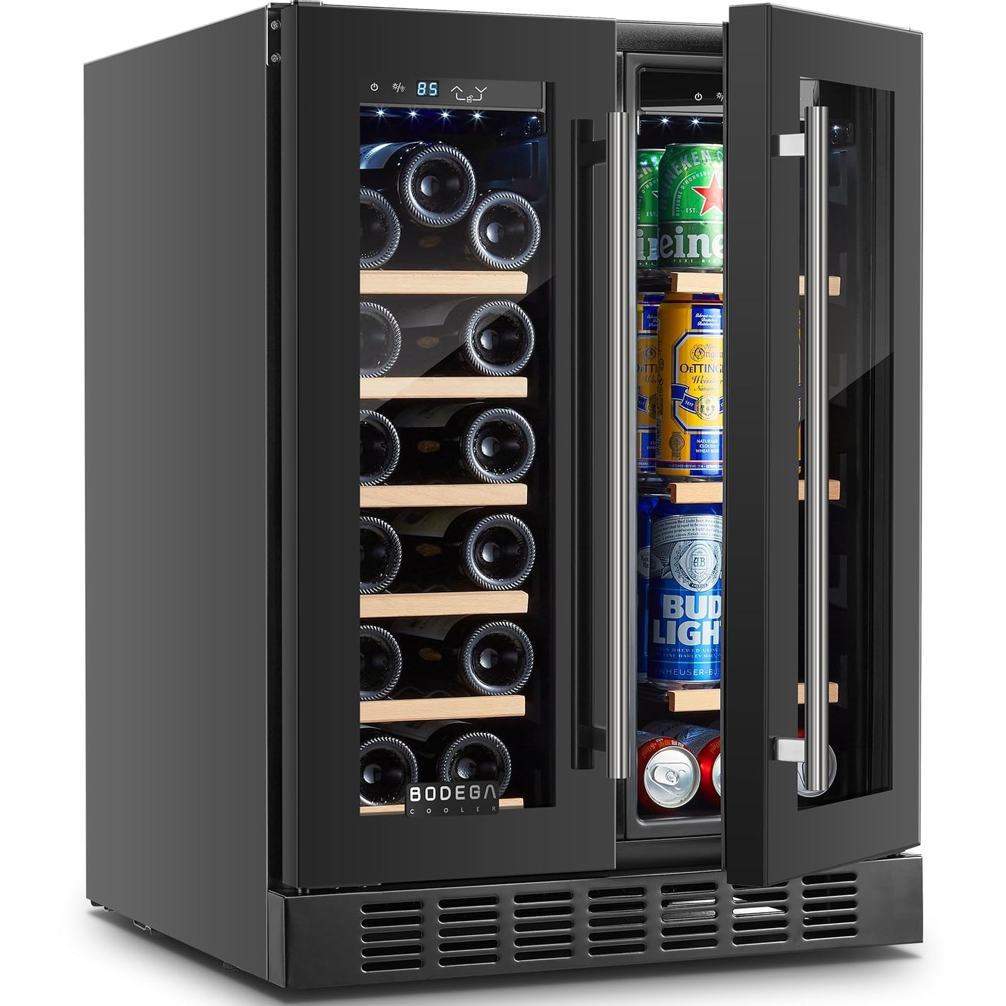 BODEGACOOLER Wine and Beverage Refrigerator, 24 Inch Dual Zone Beveage Fridge, Freestanding Wine Fridge, Under Counter Beverage Cooler With Glass Door with LED Light for Bar,Home Use,Club,Kitchen