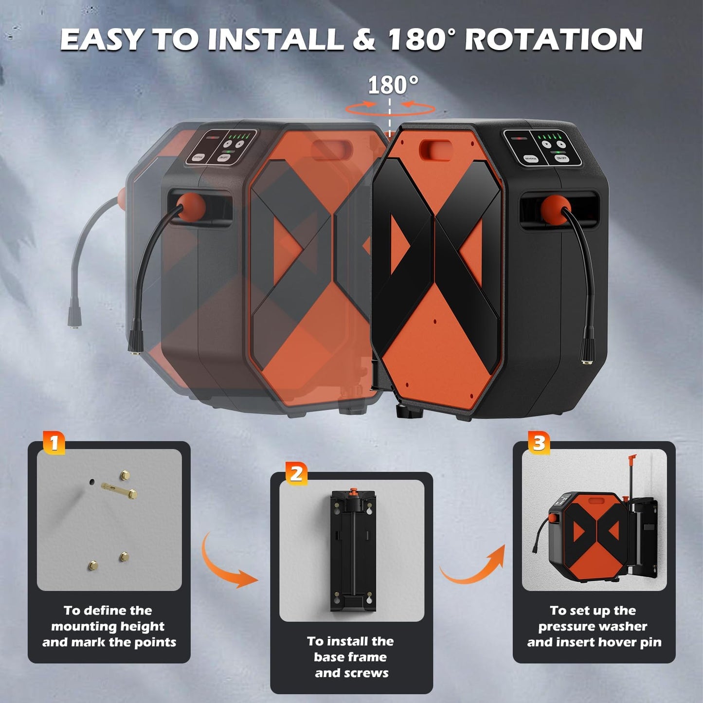 DGIVOVO GFCI Wall Mounted 5000PSIMAX PowerWasher with 100FT Retractable Hose, 5-Stage Adjustable Press, Foam Cannon & 5 Nozzles for Car, Lane, Patio Cleaning