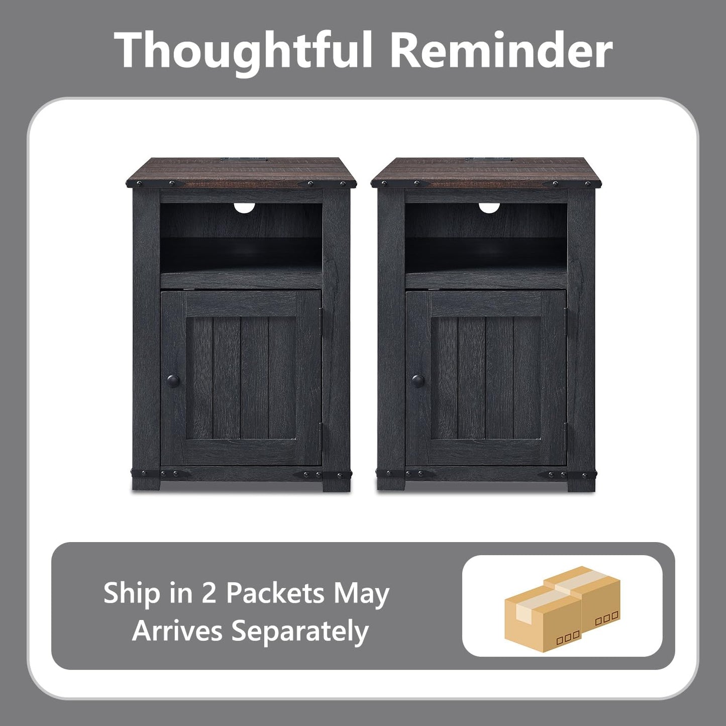 Farmhouse Night Stands Set of 2, 20" End Table w/Charging Station, Rustic Wood Bedside Table w/Groove Barn Door, Side Table with Storage w/Open & Adjustable Shelf for Bedroom, Living Room (Dark Grey)