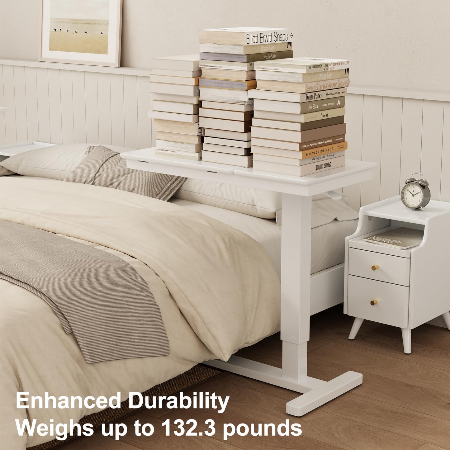 Muwuele Solid Wood Overbed Bedside Table with Wheels, Adjustable Medical Tilt Top Hospital Bed Table Over The Bed, Rolling Laptop Desk, Mobile Standing Desk for Hospital and Home Use (White)