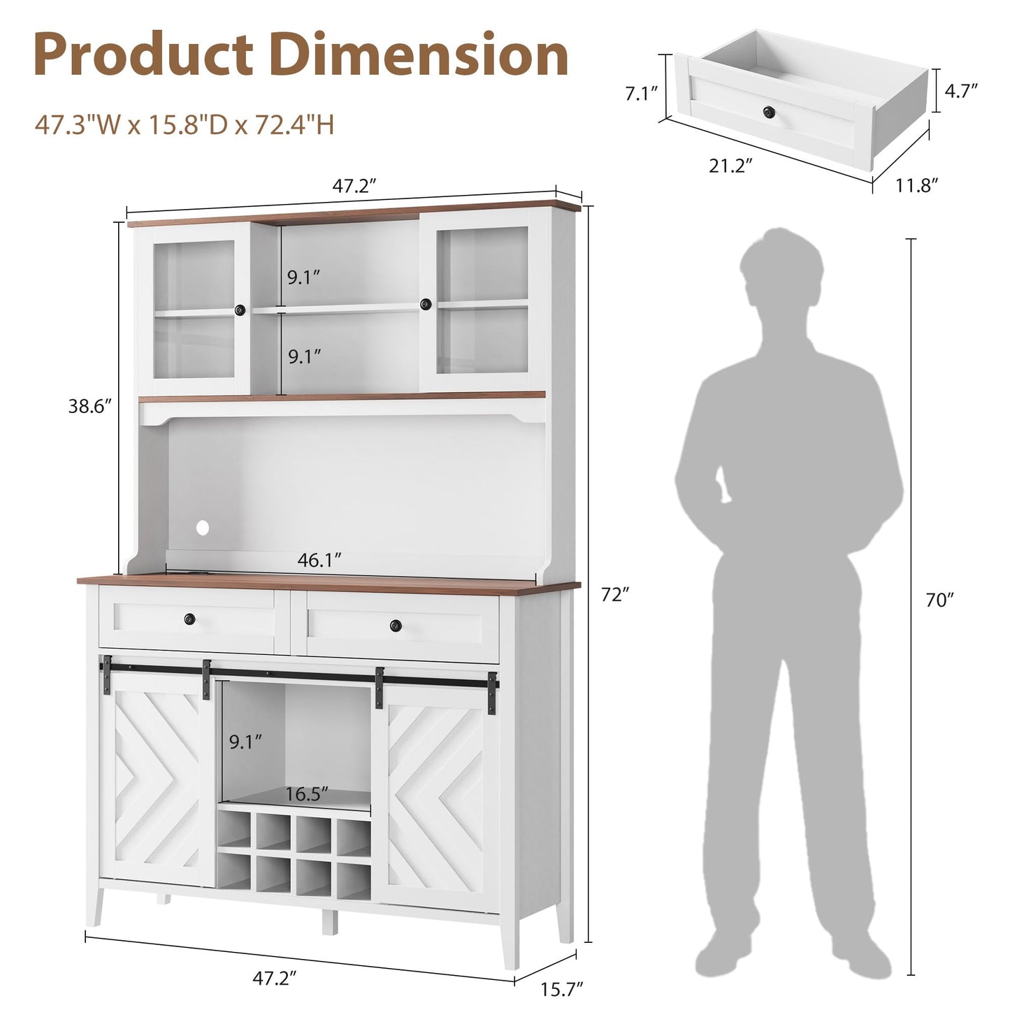 Garvee 72" Farmhosue Bar Cabinet with Sliding Barn Door, Large Kitchen Buffet with Hutch Wine with Charging Station, 2 Drawers, 8 Storage Shelves, LED Rustic Coffee Bar for Dining (White)