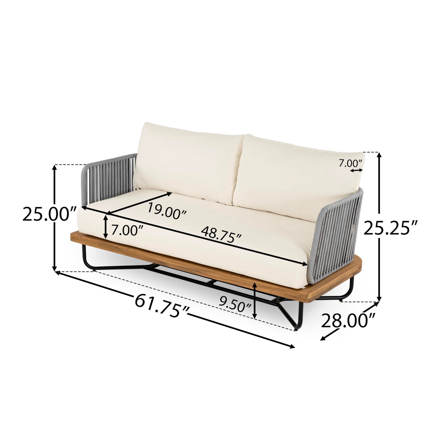 Merax 2 Piece Patio Outdoor Furniture Set, All-Weather Acacia Wood Loveseat Sofa with Cushions, 1 Coffee Table with Sturdy Base for Porch, Lawn, Backyard, Balcony, Beige+Gray