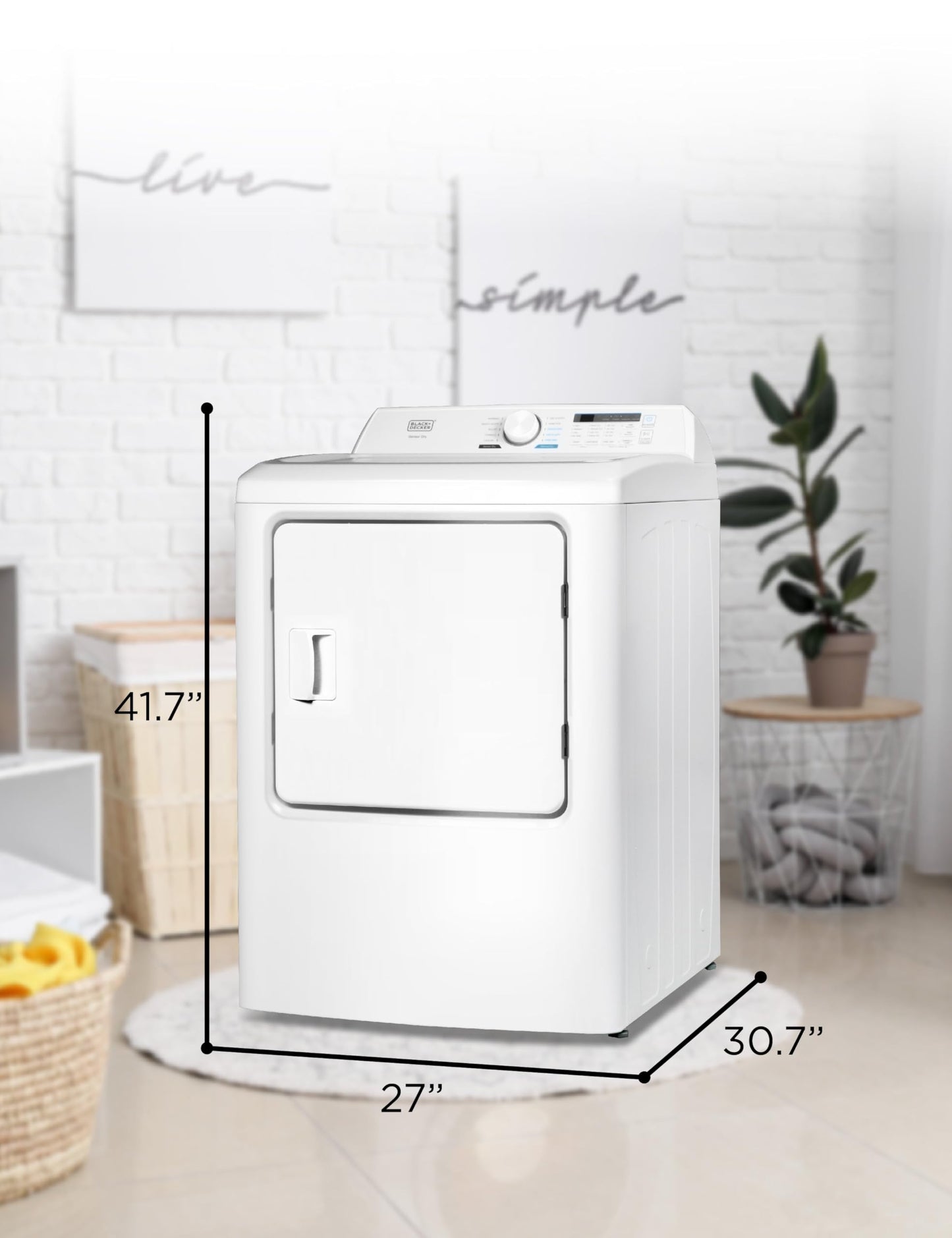 BLACK+DECKER 7.0 Cu. Ft. Front Load Dryer, Electric Clothes Dryer with LED Display and Dial Control, 5 Sensor and Manual Dry Selections, 240V, Requires Professional Installation, BLD67ME, White
