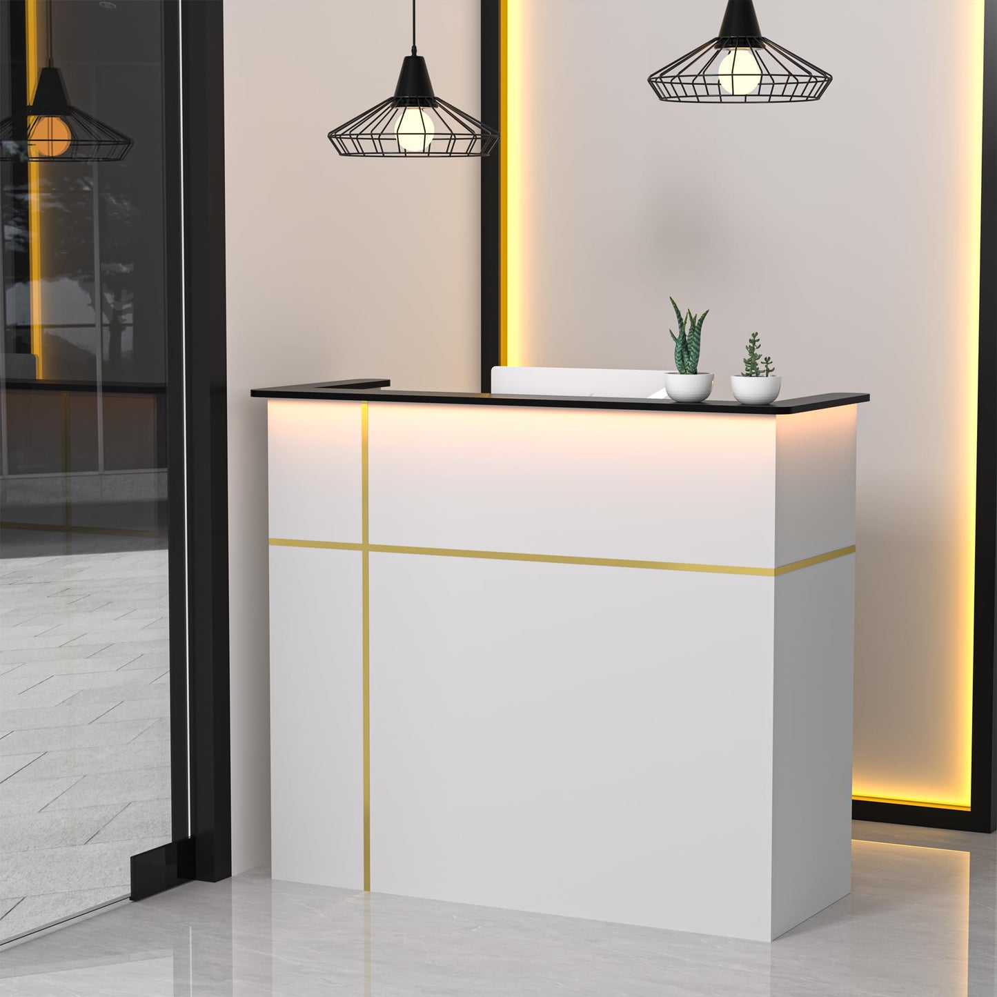 AHB Reception Desk with Counter, Modern Front Table Equipped Lockers & Storage Shelves, 50-inch Checkout Counter with LED Lights & DIY Stripe for Lobbies, Salons, Retail, Home Offices, Reception Room