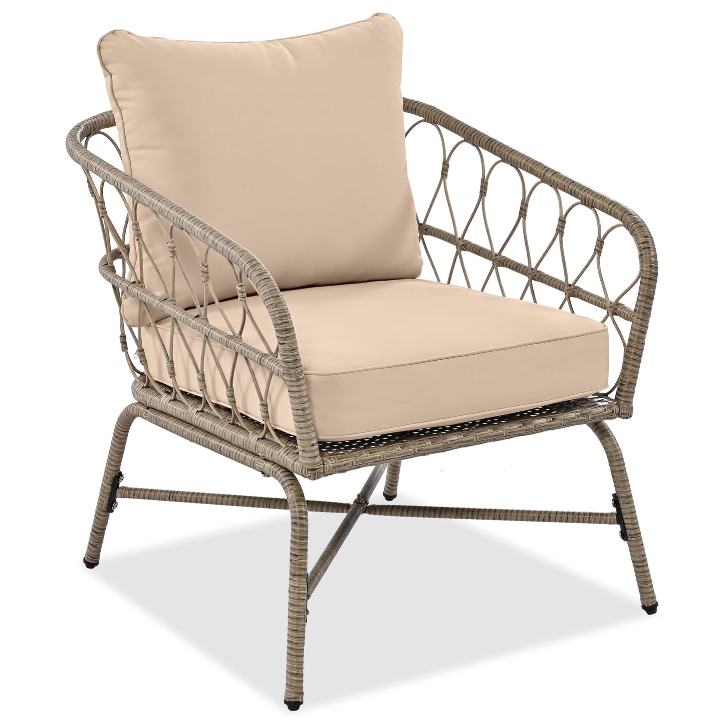 4-Person Outdoor Wicker Sofa Set, Boho-Inspired Patio Conversation Furniture with Oval Acacia Wood Tabletop, Removable Cushions and Pillows, Adjustable Feet, Beige, Perfect for Garden, Backyard, Deck