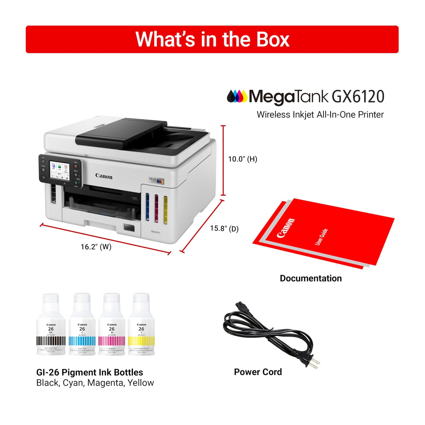 Canon Megatank GX6120 Wireless All-in-One Printer, Print, Scan and Copy, with 2.7" LCD Touch Screen and Auto Document Feeder, White