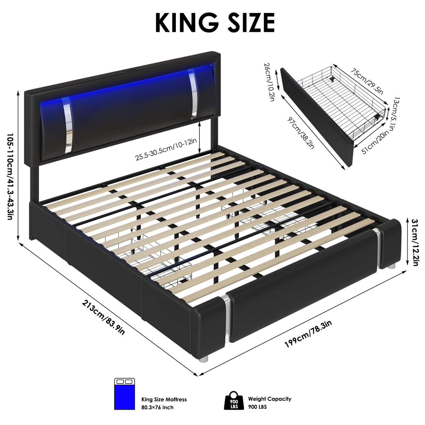 Keyluv King Size Bed Frame with RGB LED Lights & 2 Storage Drawers, Modern Upholstered Platform Bed with Iron Metal Decor, USB Charging Ports, Black