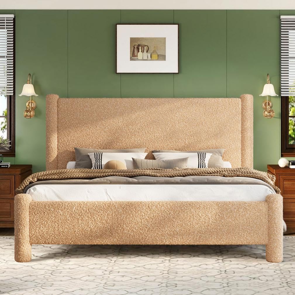 AMERLIFE King Boucle Cloud Upholstered Bed Frame with Cylinder Headboard, Modern Platform Structure, Sherpa Boucle Soft Design, No Box Spring Needed, Khaki