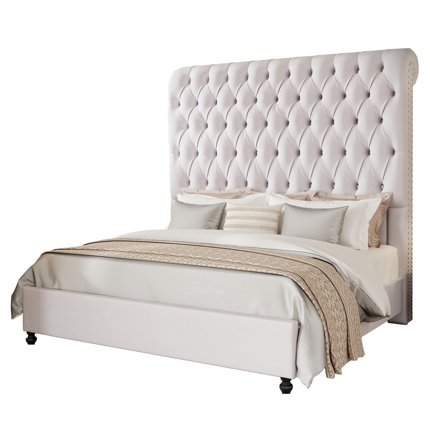 AMERLIFE Queen Size Bed Frame and Headboard with 59" Tall Sleigh Design, Luxury Velvet Upholstered Queen Bed Frame with Handcrafted Deep-Tufted and Solid Wood Legs, No Box Spring Needed,Cream