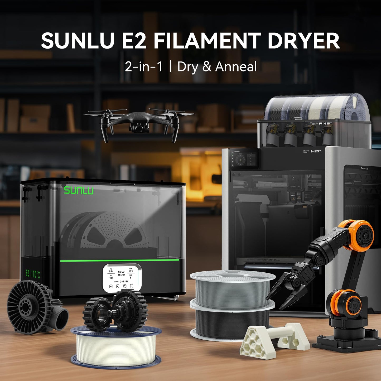 SUNLU Official 3D Printer Filament Dryer E2, 110℃ Max Temperature, 500W PTC Heater, Dry and Anneal 2-in-1, Dual-Chamber, Designed for Engineering Filaments, PC PA-CF FR-ABS Filament Dryer Box (Black)