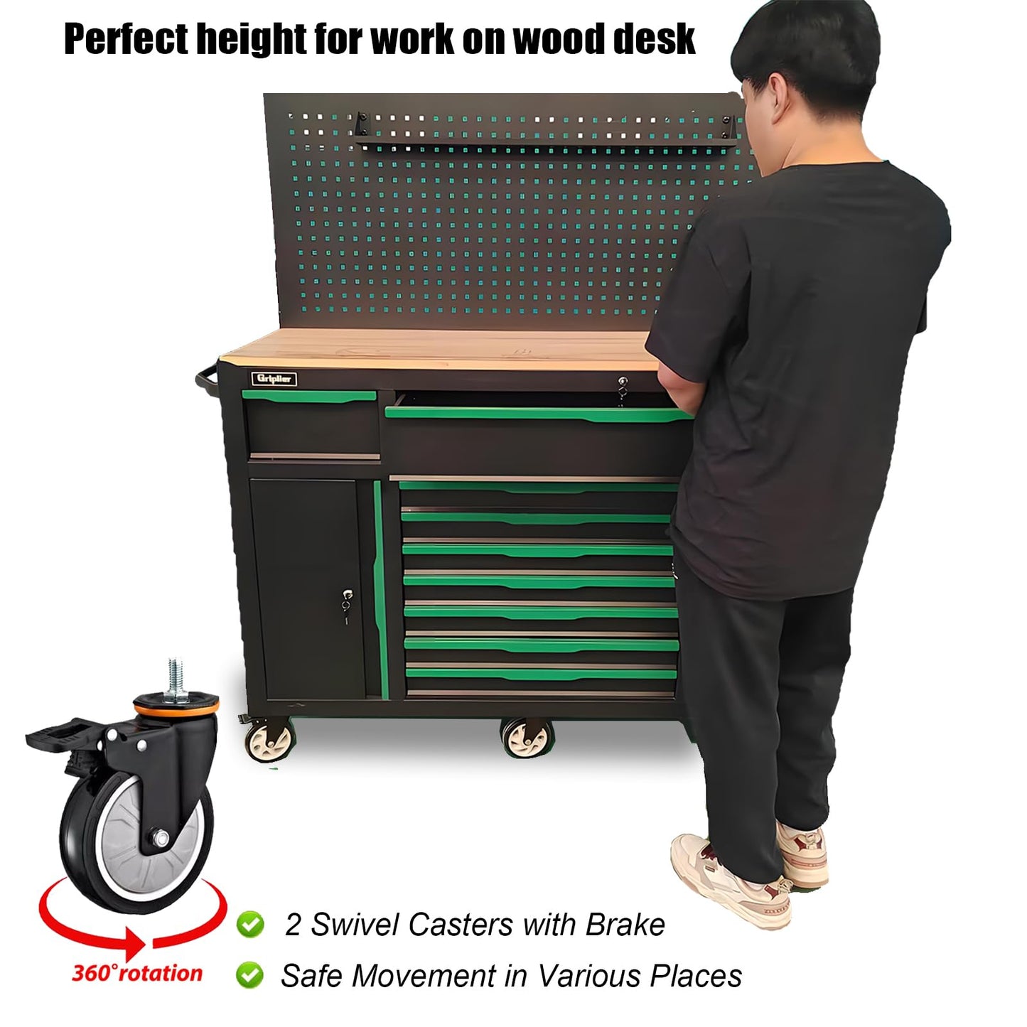 Griplier 13-Drawers Rolling Tool Cabinet with Wood Workbench,Pegboard,60.6W x 22.7D x 66.1H inch,Heavy-Duty Steel Tool Storage,Lock & Key for Home,Garbge or Workshop Use(13 Drawer + 348 Pieces Tools)
