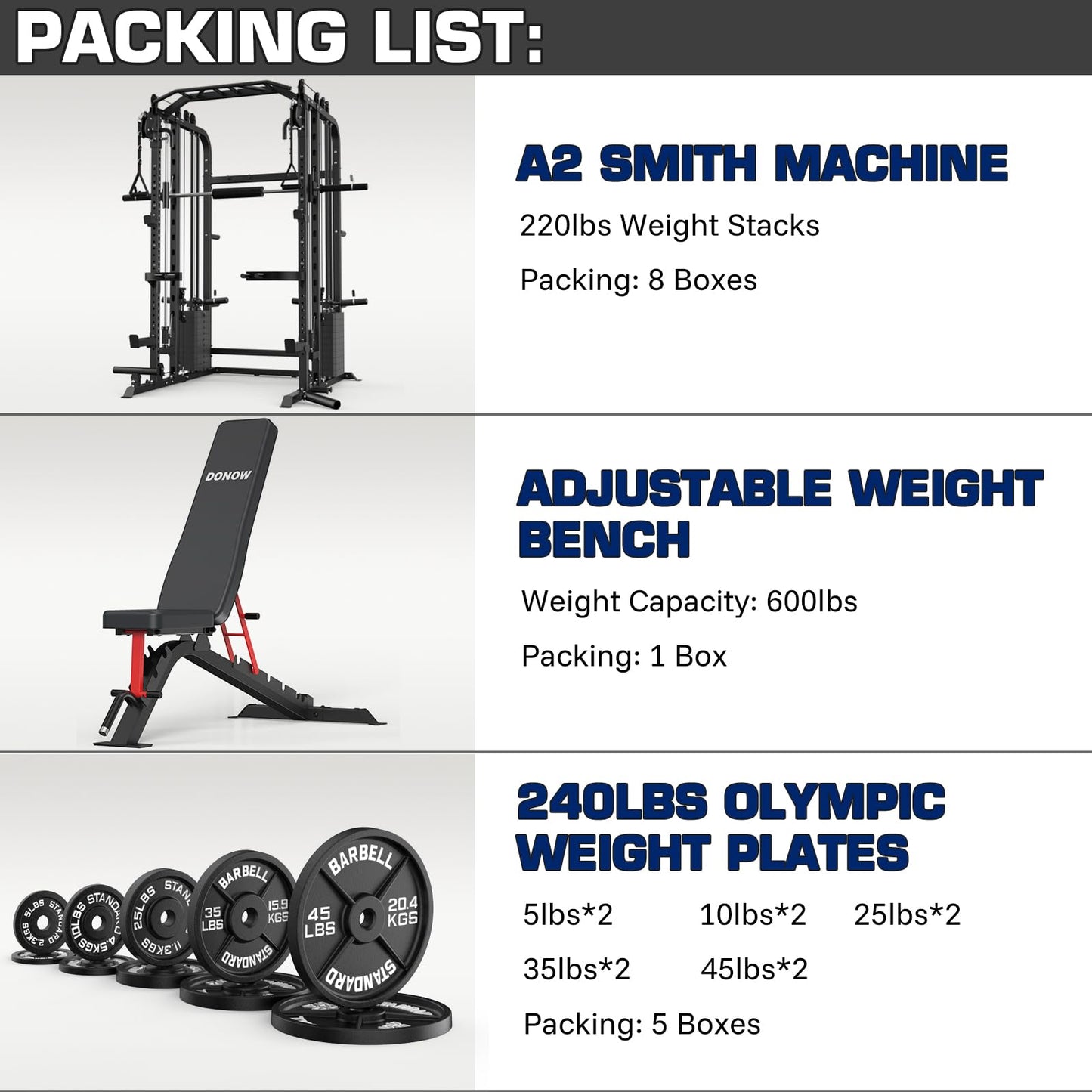 DONOW Smith Machine with Weight Stacks, Power Cage Home Gym System with LAT Pulldown Cable Crossover Multi-Functional Trainer with Dual Pulley System with Weight Bench Cast Iron Weight Plates 240lbs