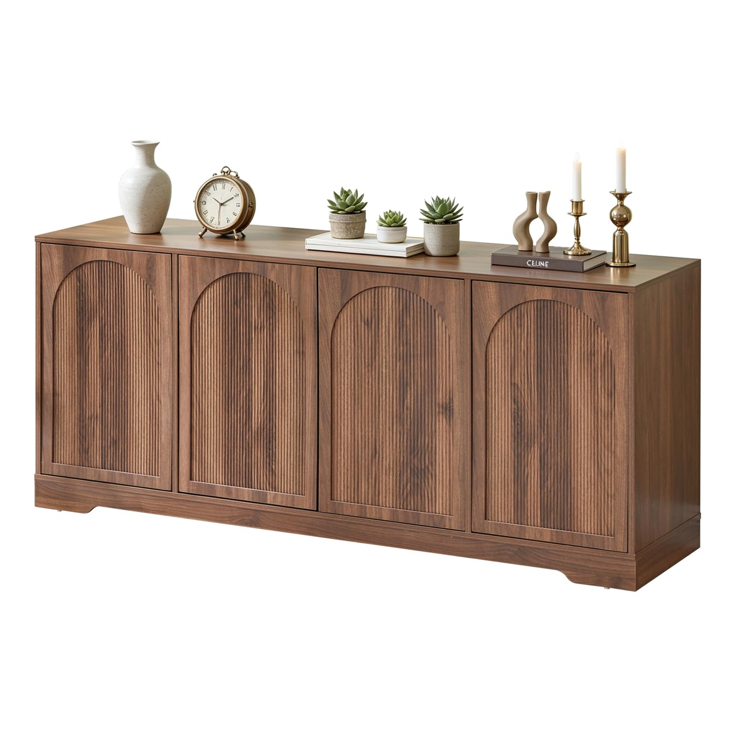 Bifins 62.2 Inch TV Stand for TVs up to 70 Inches, Tall Entertainment Center Cabinet with 4 Fluted & Arched Doors and Cable Management for Living Room Bedroom, Walnut