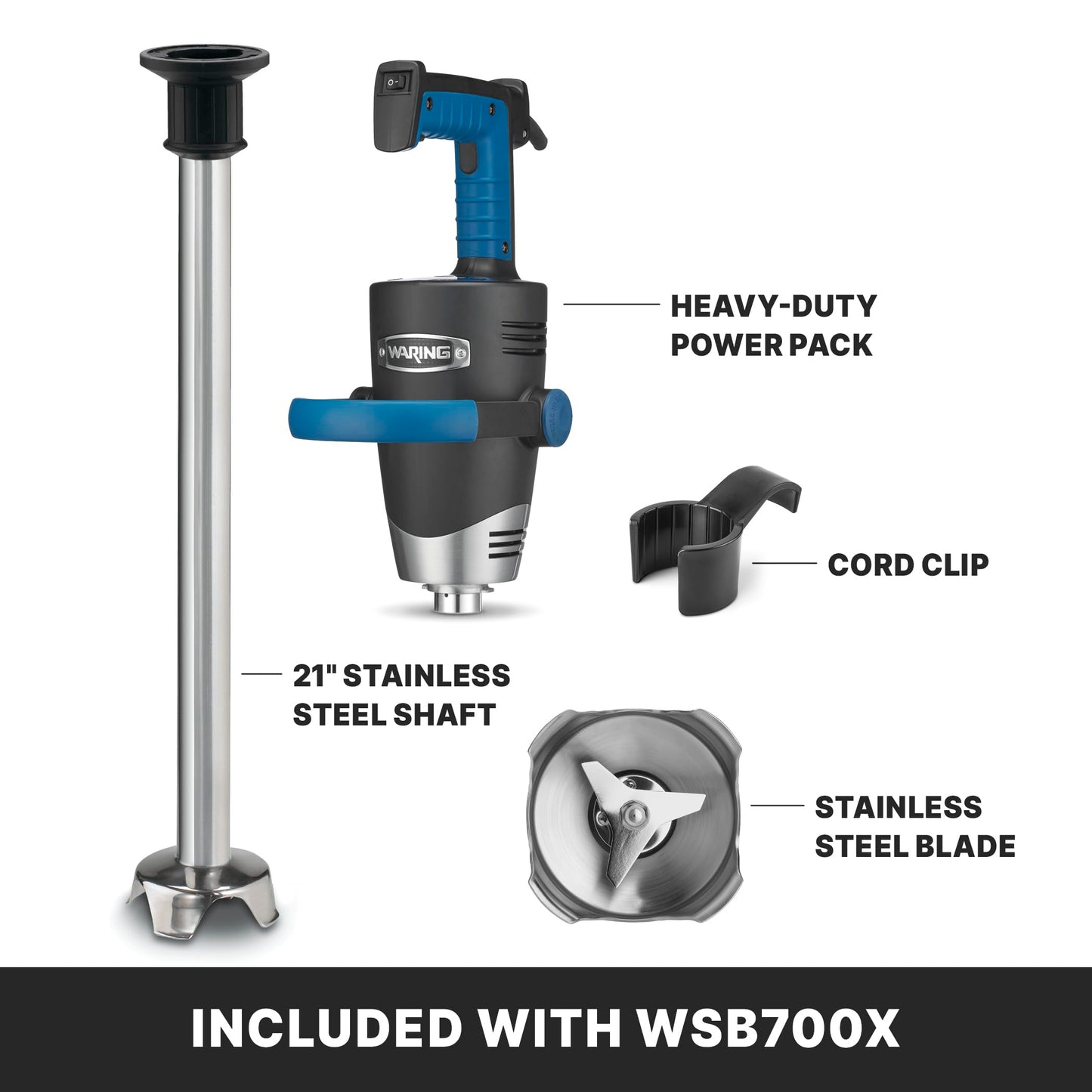 Waring Commercial EvolutionX Immersion Blender, 1.5 Horsepower Motor, 21" Stainless Steel Shaft, Variable Speed, 50-Gallon Capacity, for Professional Hand Blender for Kitchens & Catering, WSB700X