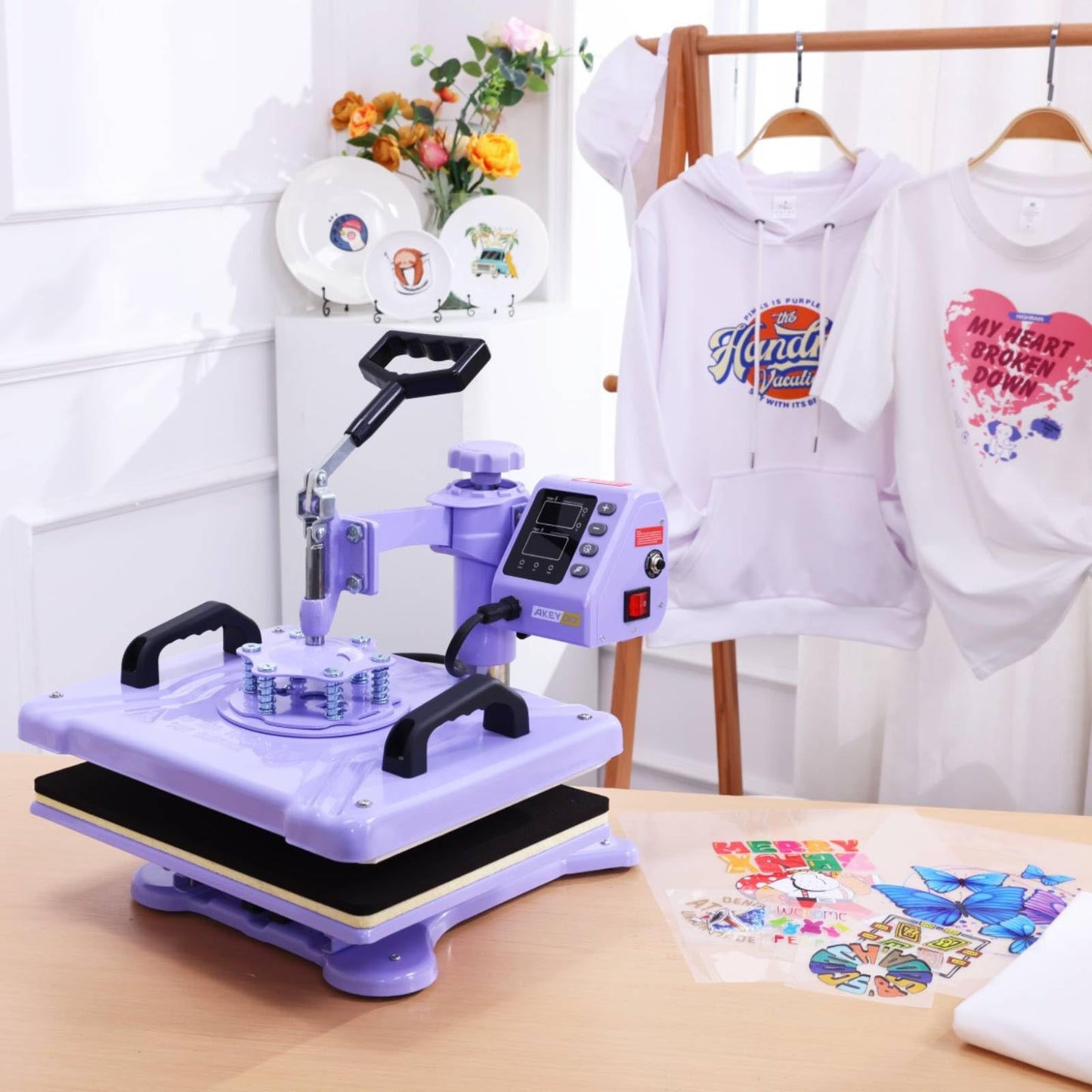 AKEYDIY Heat Press 15x12 Inch, 8 in 1 Heat Press Machine for T-Shirts Hat Cap Mug Plate, 360° Swing Away Shirt Pressing Machine, Sublimation Heat Transfer Machine with Tumbler Press Hat Press, Purple