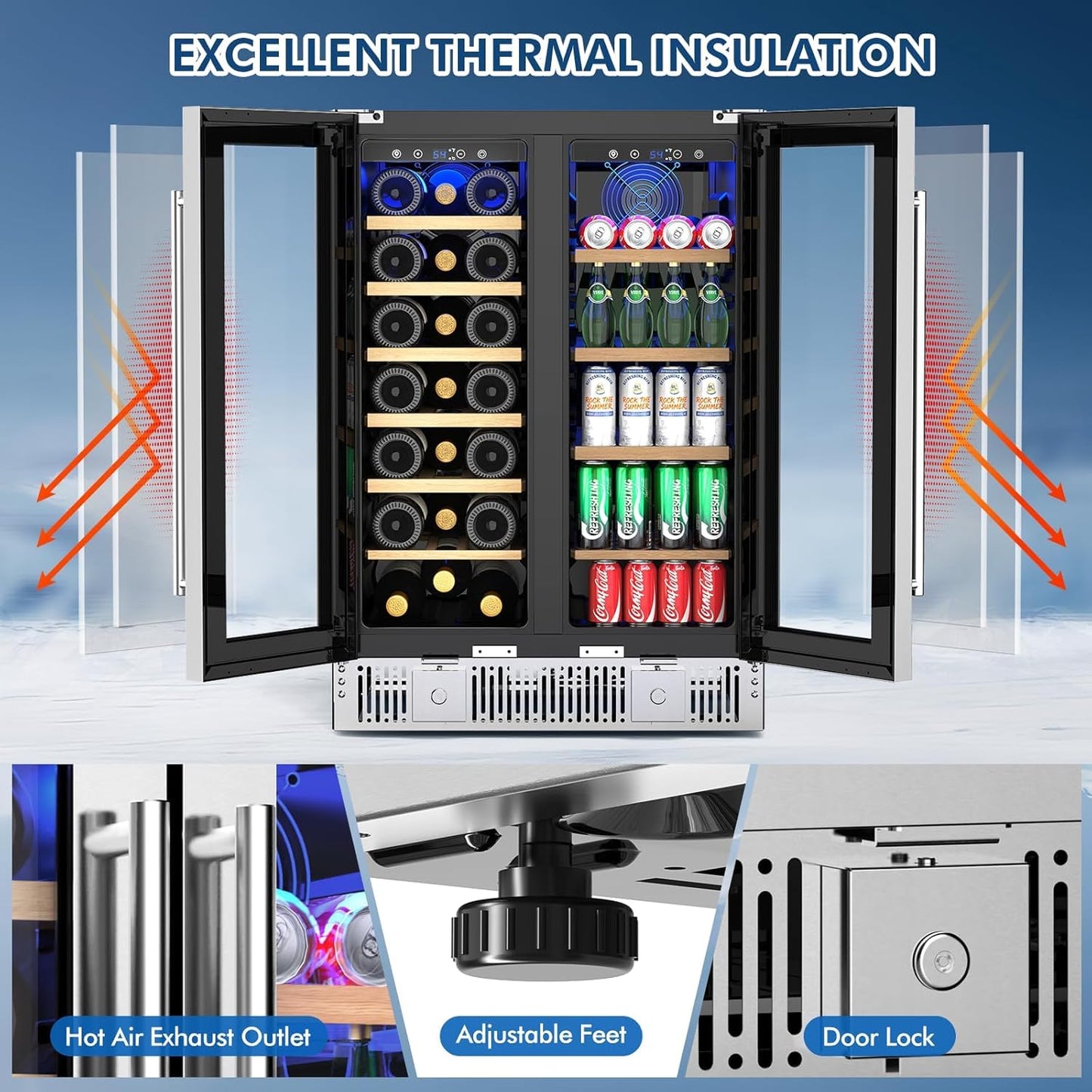 Antarctic Star 24 Inch Dual Zone Wine & Beverage Refrigerator, 4.4 Cu.Ft Built-in Under Counter Fridge with French Glass Doors, Holds 21 Bottles & 88 Cans, Touch Controls