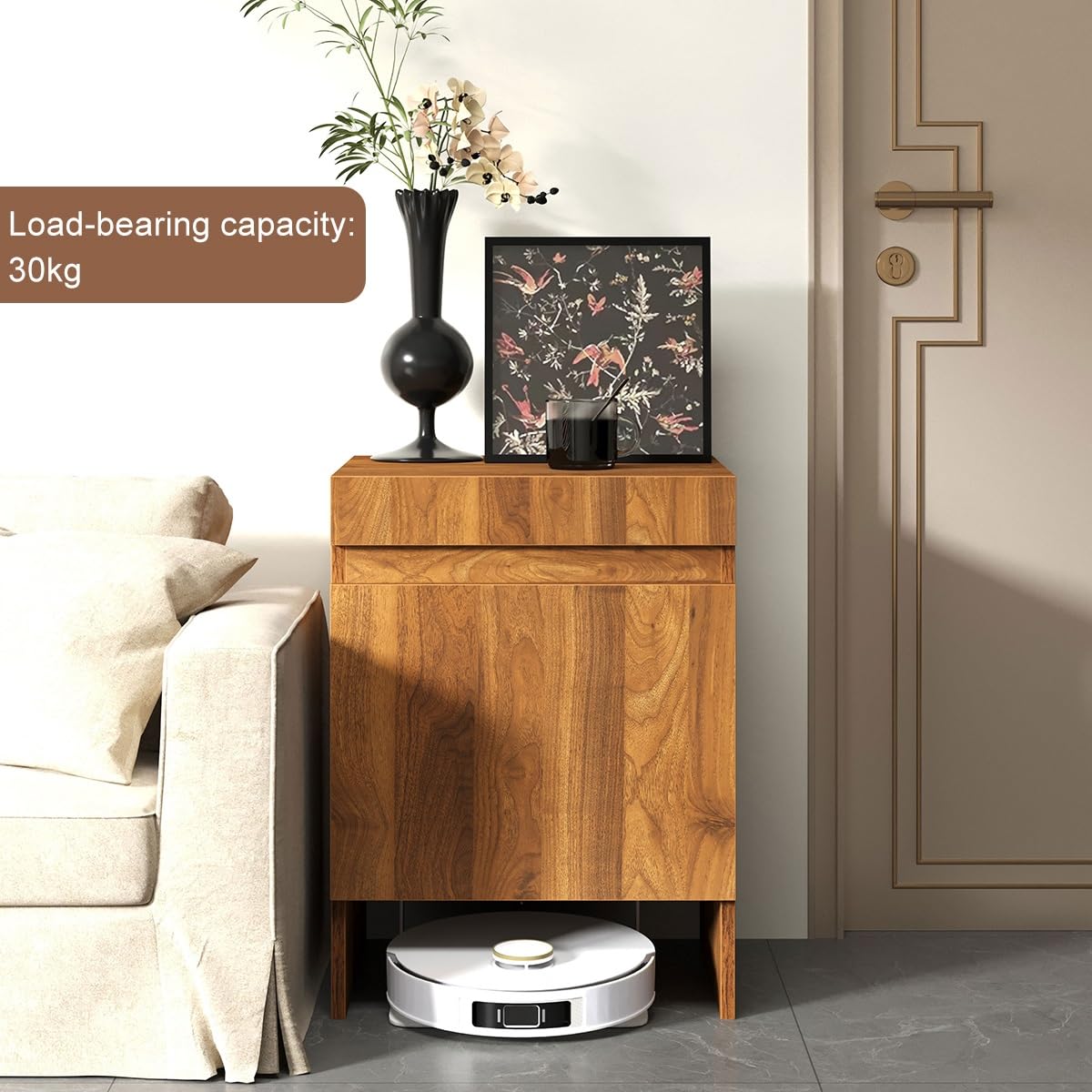 Nordivo Robot Vacuum Stand Cabinet,Storage Cabinet with Doors for Robot Vacuum Cleaner,End Side Table for Home Office,Wood Freestanding Rack for Living Room Home Office Kitchen(White)