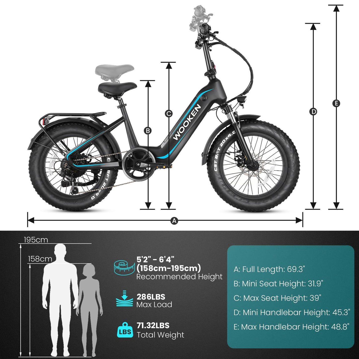 Wooken Electric Bike for Adults, 500W Motor Ebike,20"x4.0" Fat Tire Electric Bike,48V 13AH Removable Lithium-ion Battery, Up to 60 Miles,Step-Thru Electric Mountain Bike,SGS Certified to UL 2849