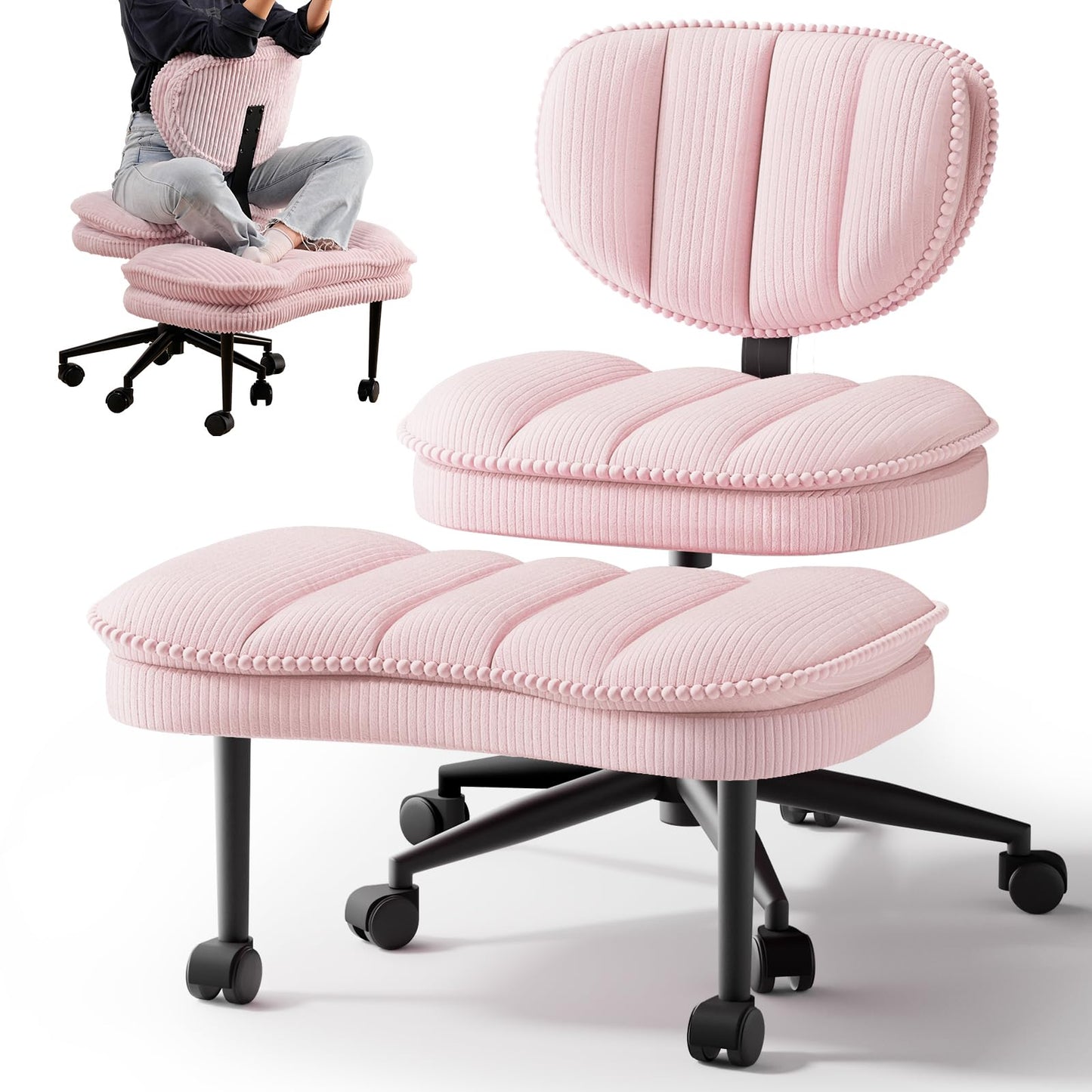 Extra-Wide & Tall Cross-Legged Office Chair – Deeply-Padded Cloud Seat, Ergonomic Back Support, Adjustable Height for ADHD & Meditation,Pink