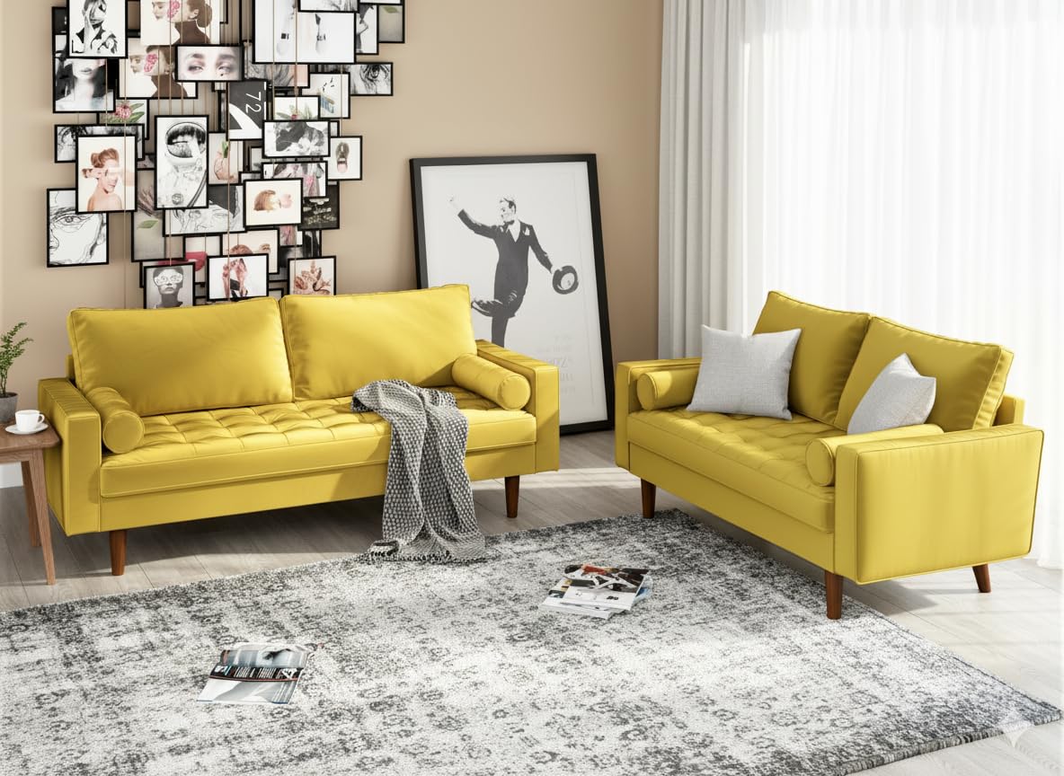 Container Furniture Direct Womble 58 Inch Velvet Loveseat Sofa with Elegant Button Tufted Upholstery, Square Arms, Splayed Wood Legs, Includes Matching Bolster Pillows, Goldenrod