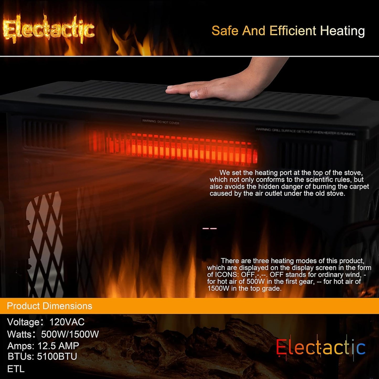 Electactic 24Inch Electric Fireplace Stove, Free-Standing Infrared Fireplace Stove, Controllable 3D Flame, 4 Variable Flame&Log Colors, 1500w, 5100BTU,TC(50℉-99℉),Black,23.5" L X 10.7" W X 24.3" H