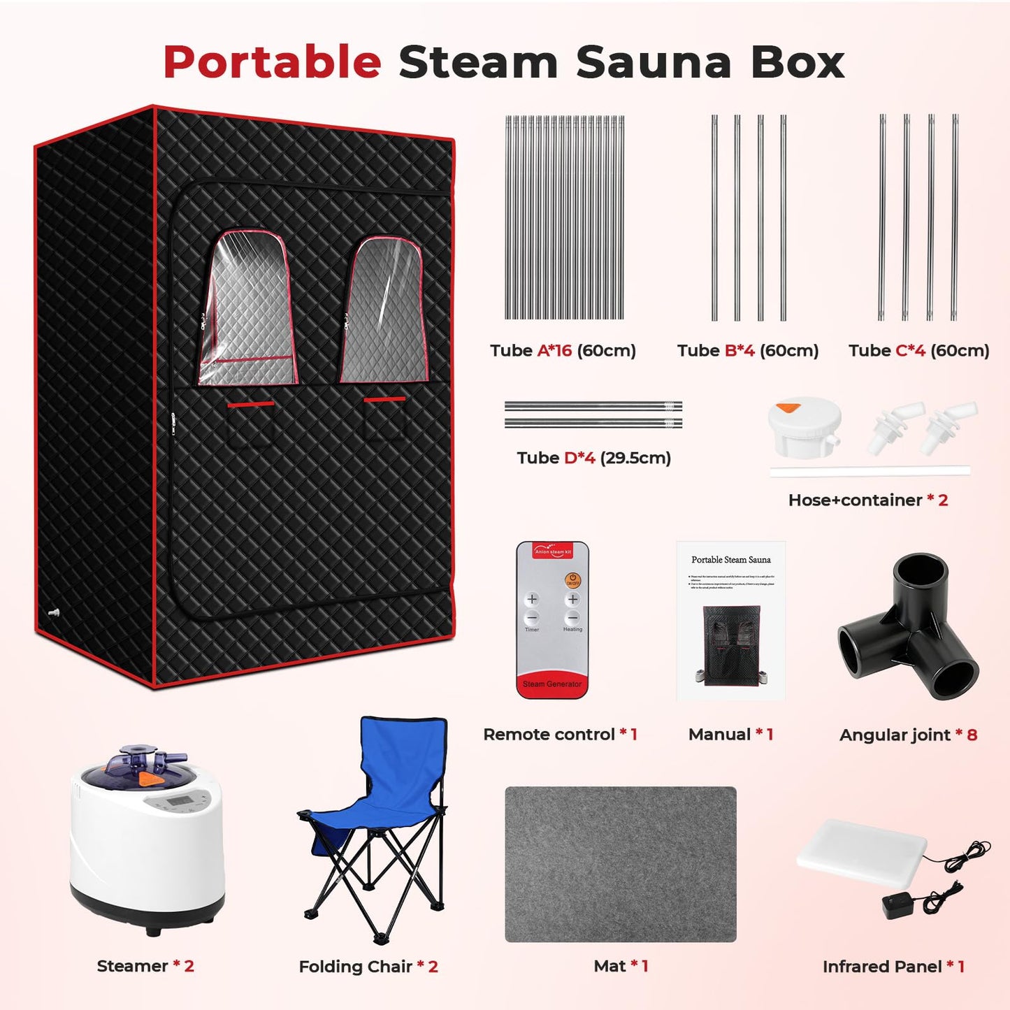 Morfone 2 Person Portable Infrared Steam Sauna with 660nm Red Light Therapy Lamp & 2 Steamers 2 Folding Chairs, Full Body Sauna Spa Tent at Home for Relaxation, 71"x 49"x 36",Black