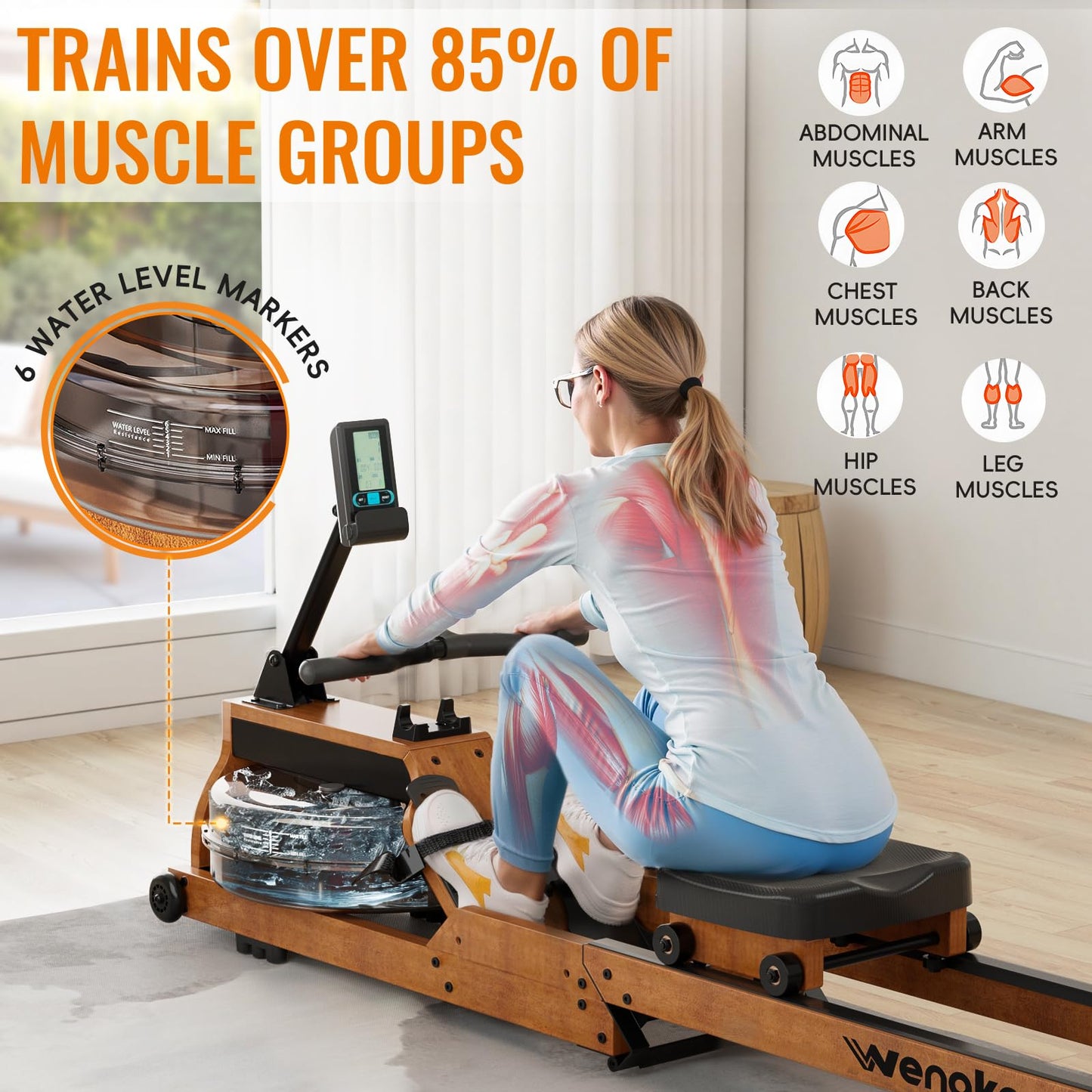 WENOKER Water Rowing Machine for Home Use, Wooden Foldable Rower Machine with Adjustable Monitor & Bluetooth APP, Large Water Tank & Comfortable Seat for Immersive Water Rower, 350LBS Weight Capacity