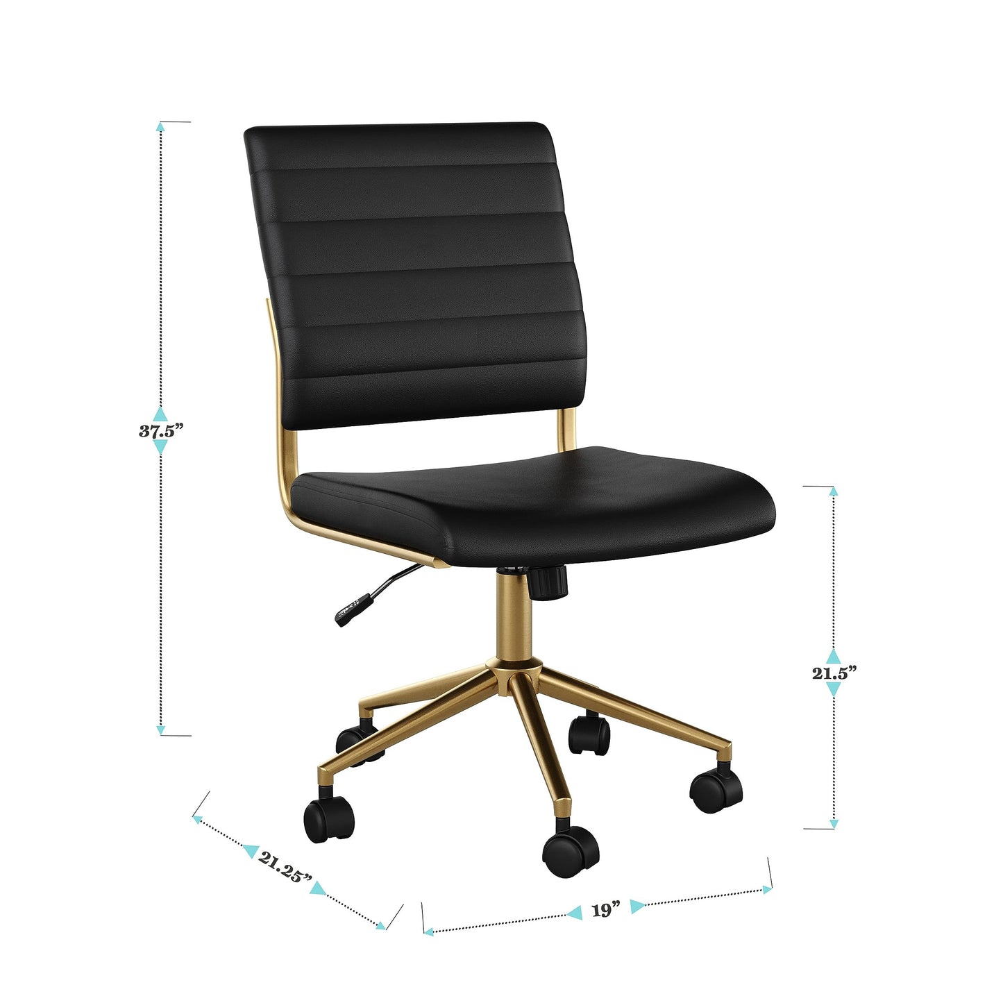 Martha Stewart Ivy Armless Swivel Task Chair for Home Office in Black Faux Leather with Polished Brass Frame