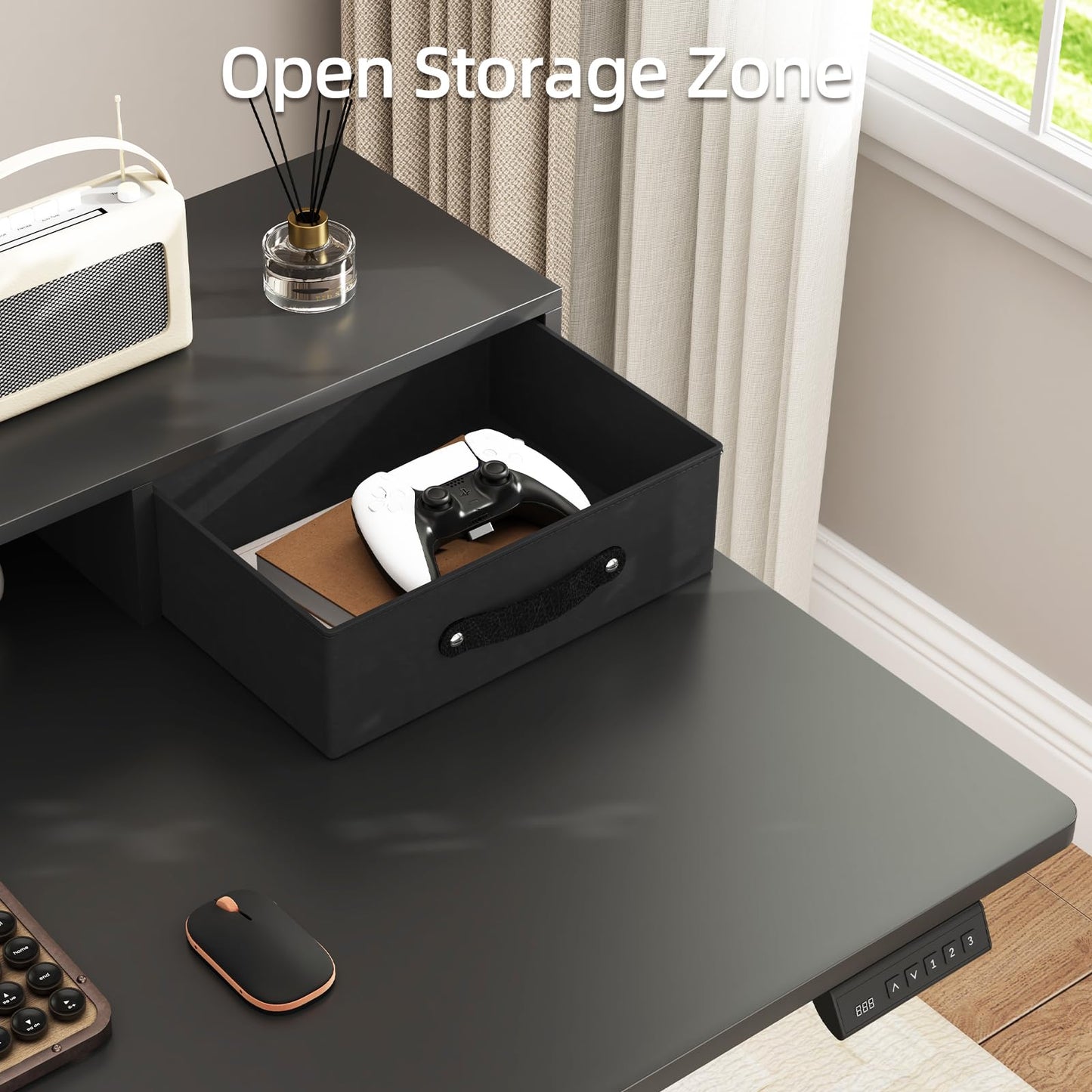 63x24 Inches Standing Desk with Drawers, Electric Computer Desk with Open Storage Shelf, Stand Up Desk, Adjustable Height 28-46 Inches for Home and Computer Workstation, Black