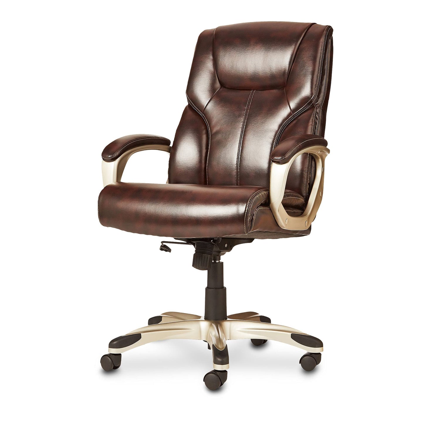 Amazon Basics Executive High Back Office Chair, Adjustable Height, Tilt, Swivel, Padded Armrests, Brown/Gold