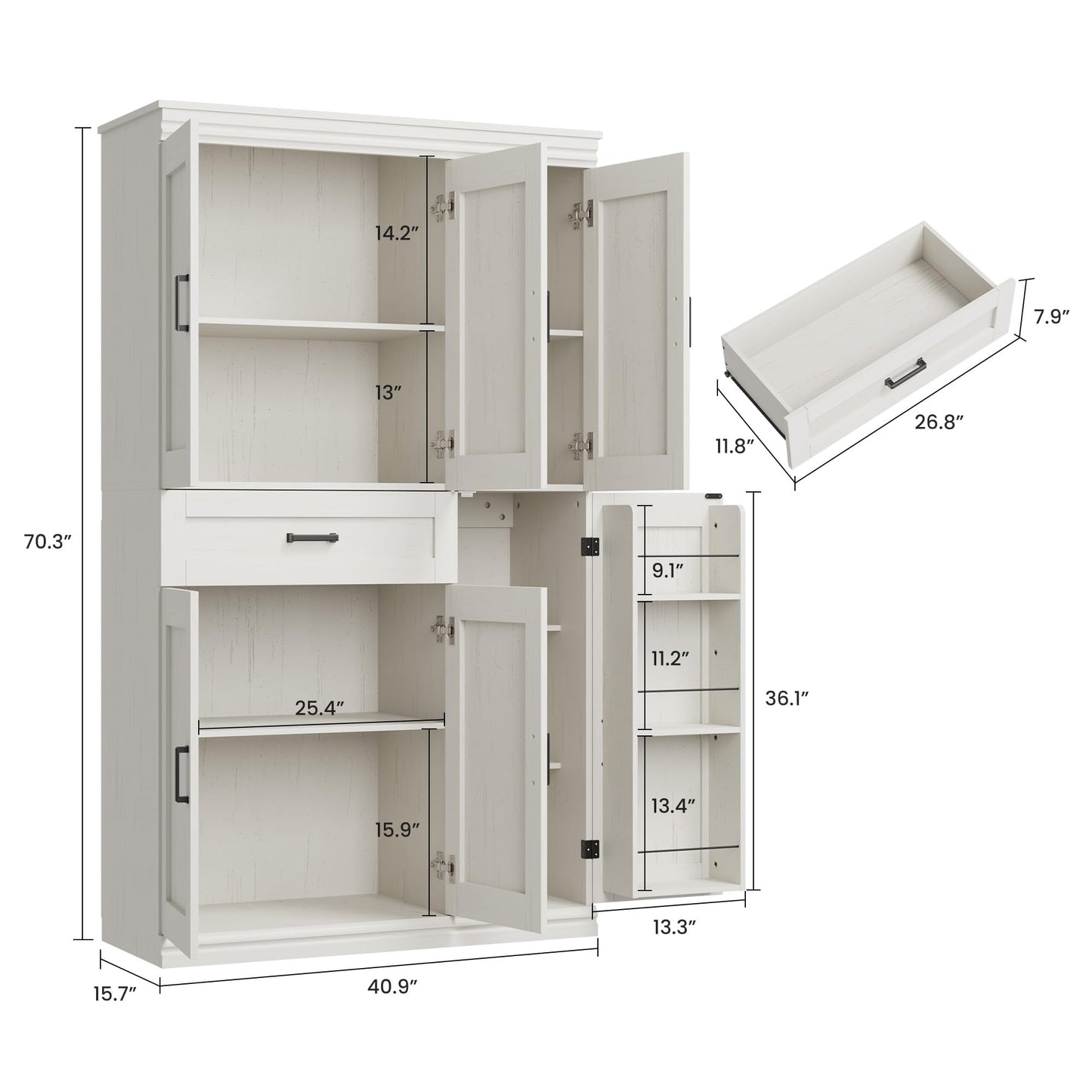 Garvee 70" Tall Kitchen Pantry Storage Cabinet, Modern Kitchen Hutch Cabinet with Doors and Shelves, Freestanding Food Pantry with Large Storage Drawer for Dining Room and Household Organization