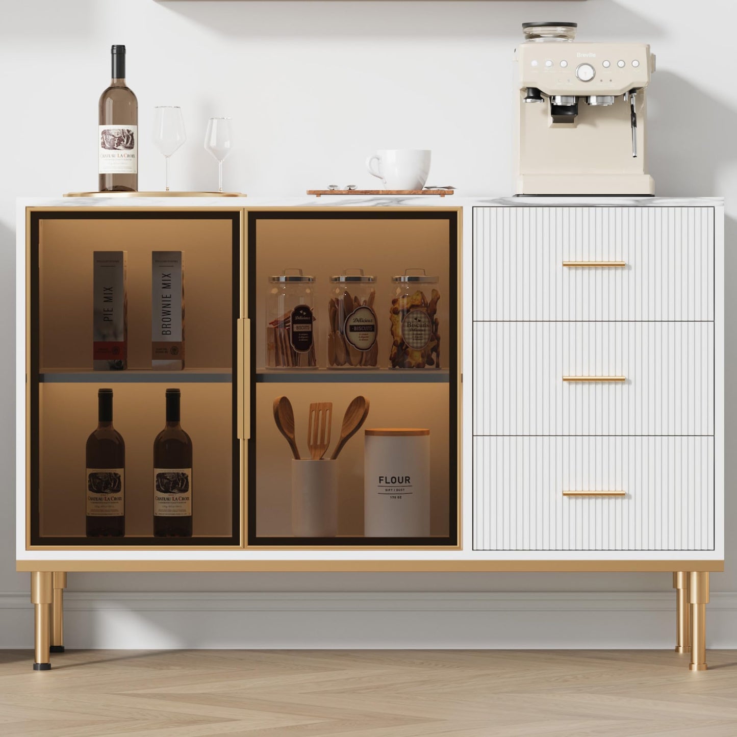 GAOMON Buffet Sideboard Cabinet with Storage, 46.4" Large Fluted Kitchen Sideboard Cabinet with 2 Glass Doors 3 Drawers and Shelves, Faux Marble Top Buffet Table for Dining Room, Living Room, White