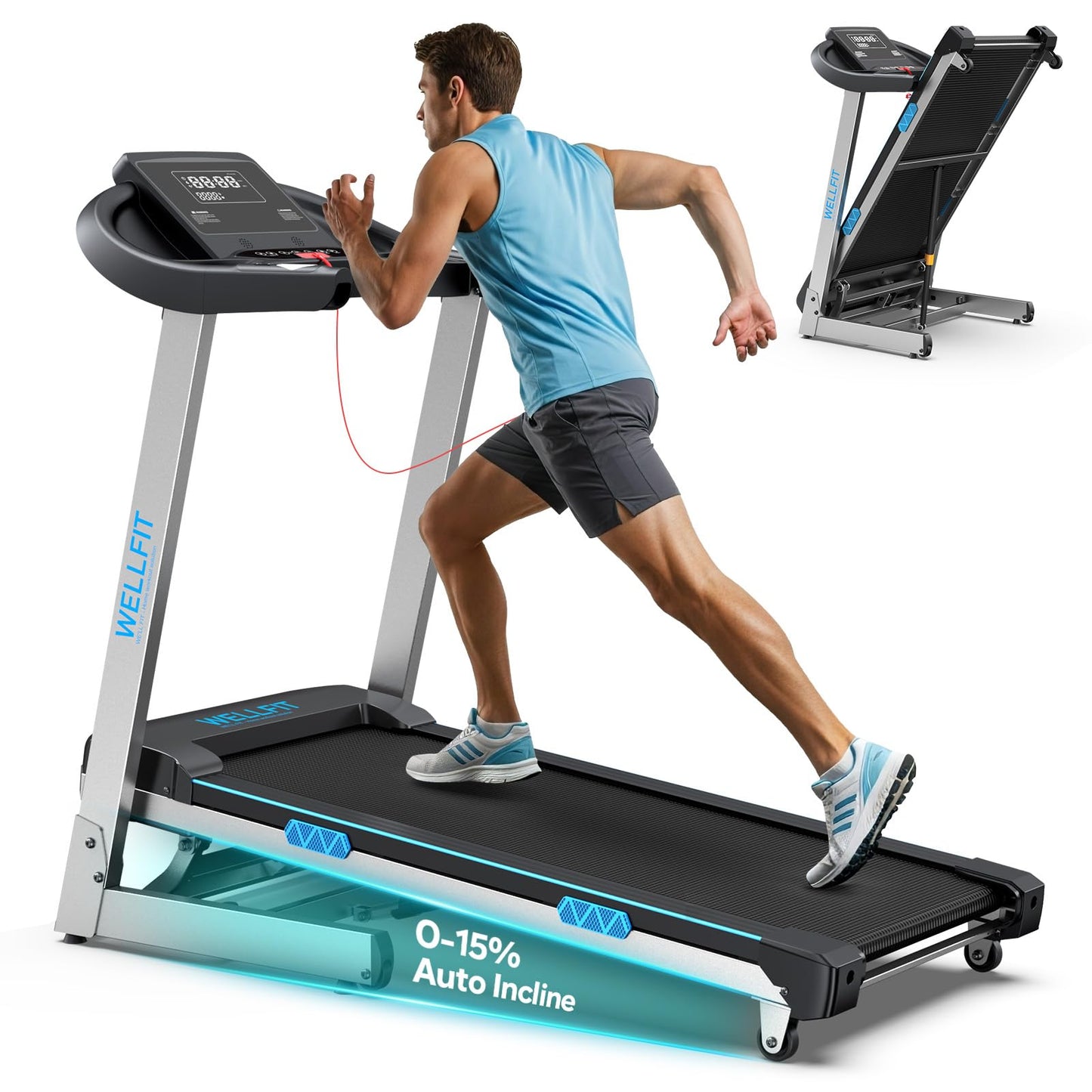 WELLFIT Foldable Treadmill for Home - 400LBS Capacity Folding Treadmills with Handlebar,4.0HP Auto Incline Heavy Duty Treadmill Heart Rate Sensor, LED Display, App Control