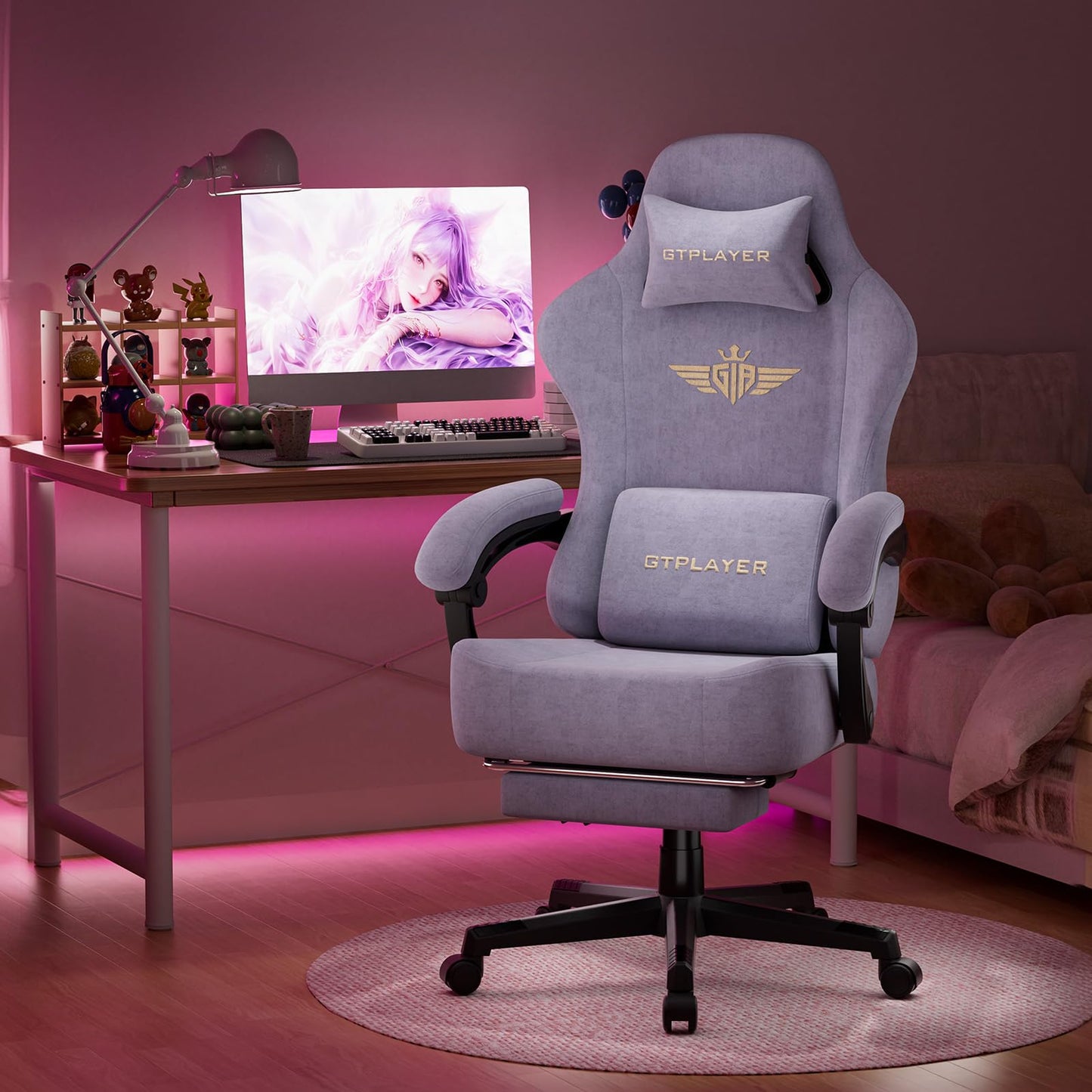 GTPLAYER Gaming Chair with Pocket Spring Cushion, High Back Ergonomic Computer Chair with Footrest for Adults Lumbar Support Swivel Game Chair for Office Gaming 350LBS, Fabric Macaron Purple