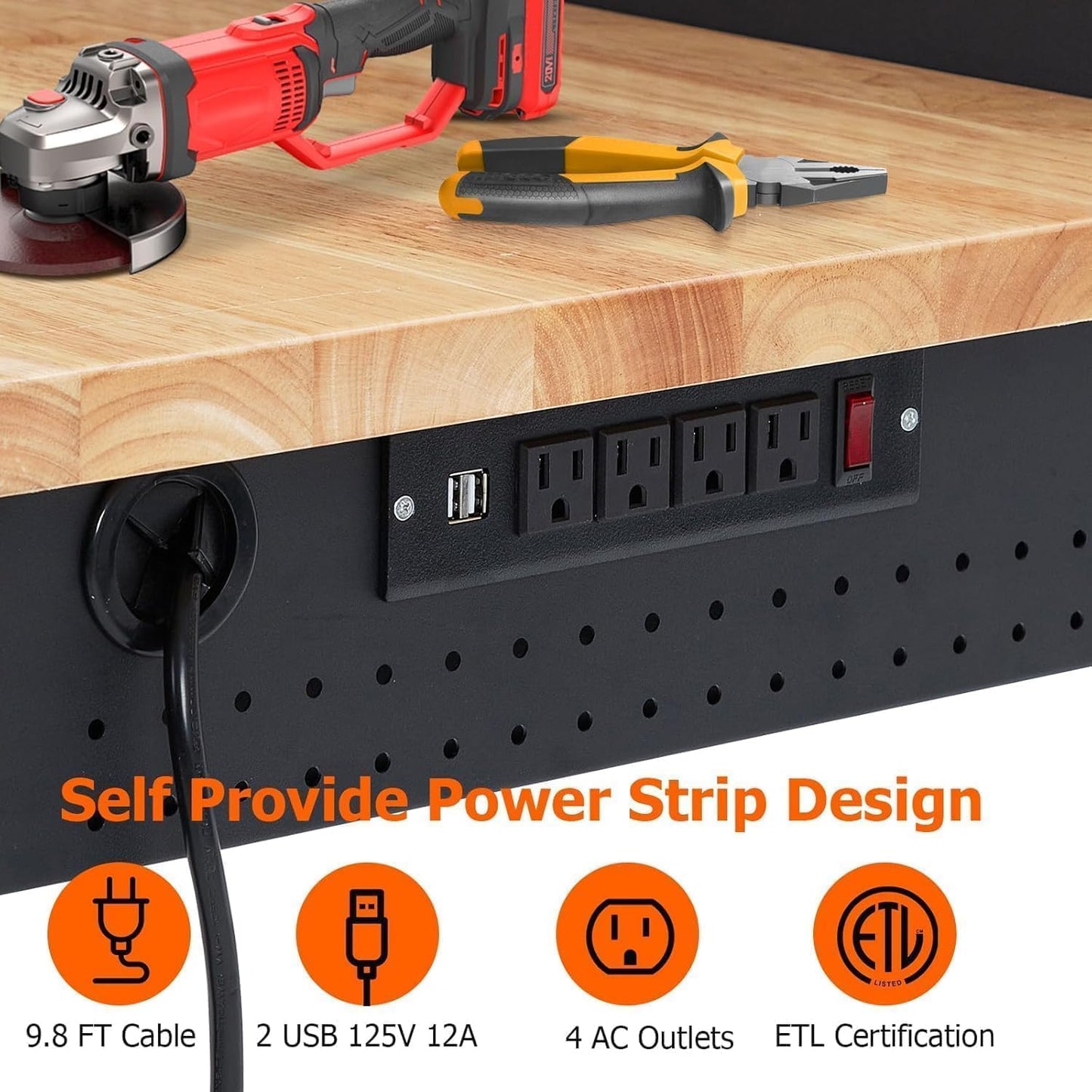 Workbench 48 x 24 Adjustable Height Worktable, 2000 LBS Load Capacity, Heavy Duty Rubber Wood Top, Workbench with Drawers, Pegboard, Power Outlets & Lockable Wheels, with Drawer Back
