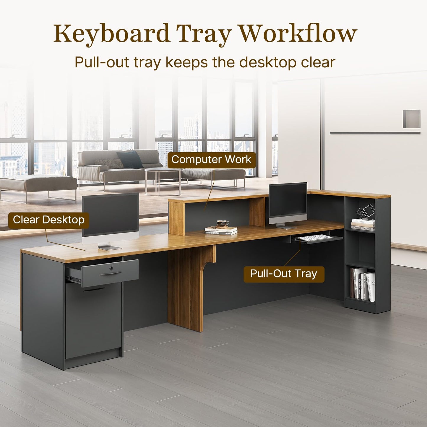 Nuipesn 94" Modern L-Shaped Reception Desk, Front Desk Counter with Drawer, Keyboard Tray and Storage Shelves, Right Layout, Dark Walnut