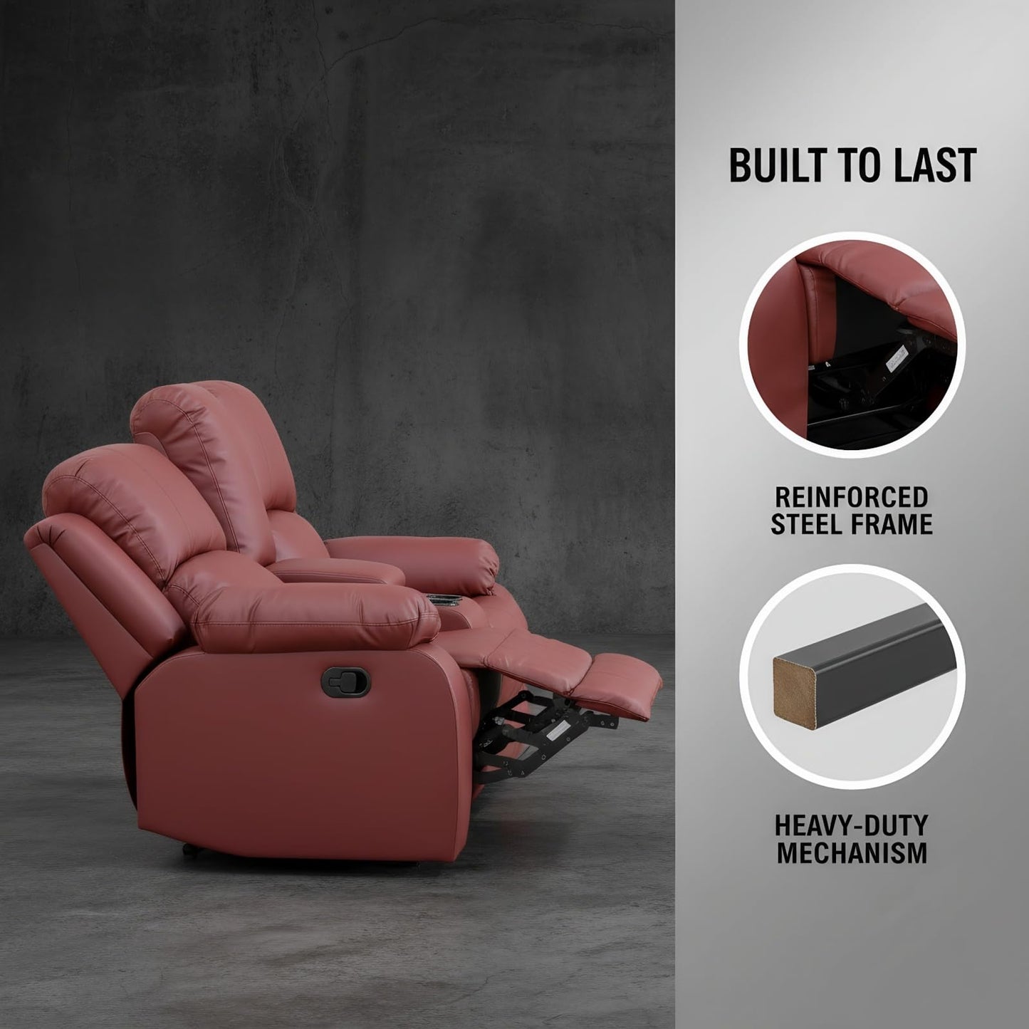 Trygoal Manual Recliner Sofa Set, Leather-Style Reclining Couch with Storage Console, Cup Holders and Convertible Coffee Table, Adjustable Backrest Recliner Couch for Home Theater, Red