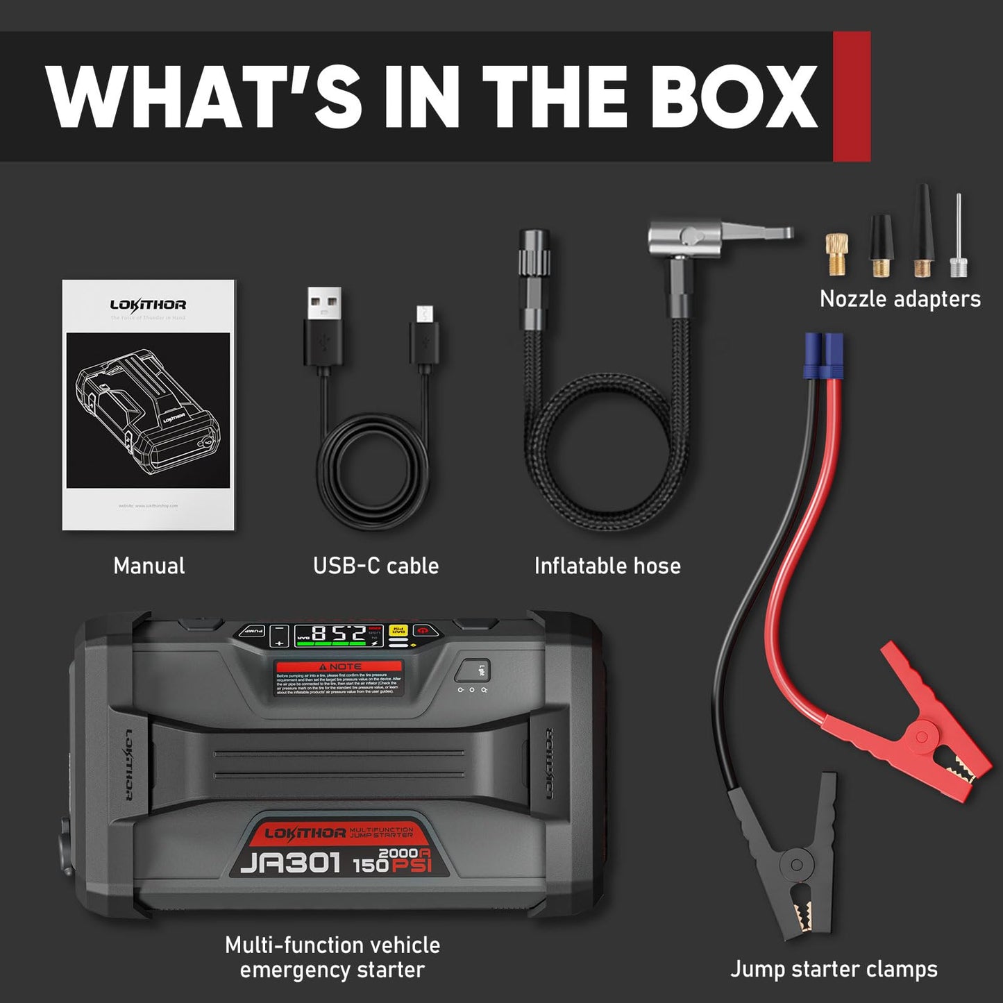 LOKITHOR JA301 Jump Starter with Air Compressor, 2000Amp 12V Portable Car Battery Booster Pack for Upto 8.0L Gas or 6.0L Diesel, 150 PSI Tire Inflator with Digital Screen, 30 Months Ultra-Long Standby