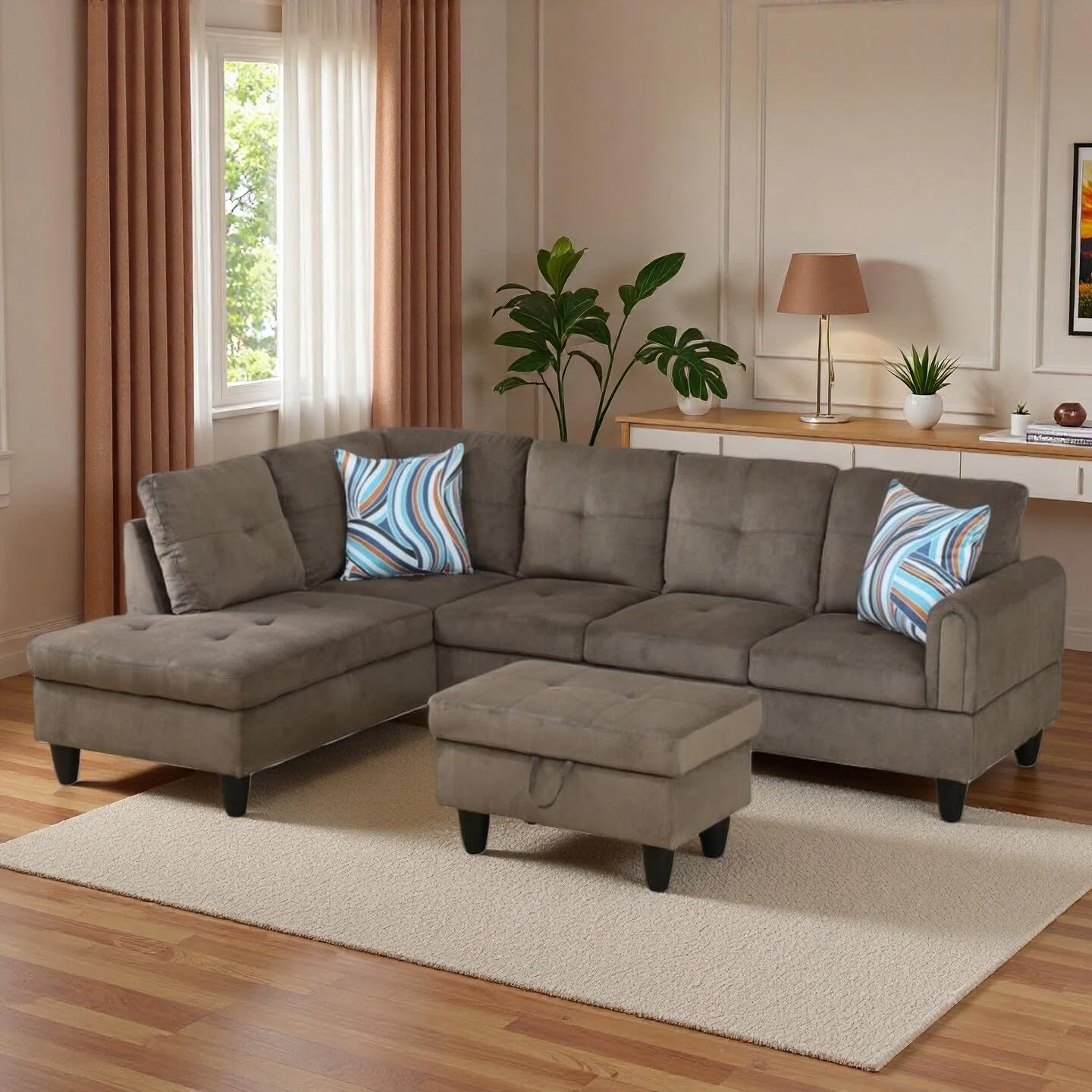 Trygoal L-Shaped Sectional Sofa with Movable Chaise & Storage Ottoman, Lounge 3-Piece Modular Convertible Couches for Living Room, Apartment & Office, Taupe