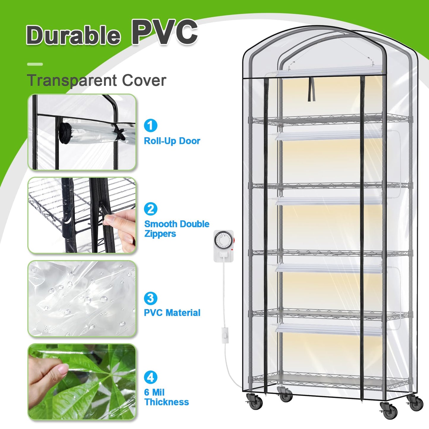 Abimars 5-Tier Greenhouse with Grow Light, Shelf Height Adjustable Metal Plant Shelf with PVC Cover and Wheels, Includes 5-Pack 2900K Full Spectrum Plant Lights, 13x29x73inch