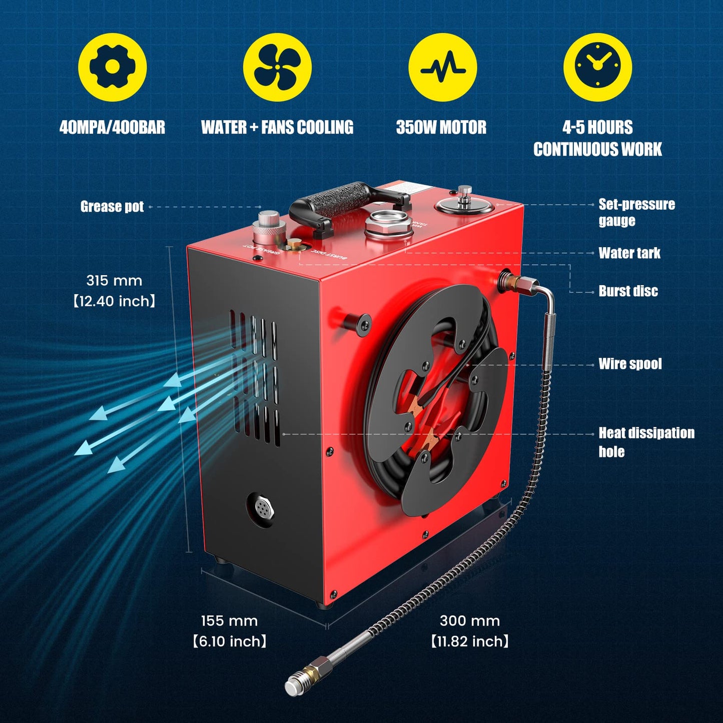 GX PUMP GX-E-CS4 Portable PCP Air Compressor, 350W Powerful Motor,Max 5800Psi/40Mpa, Water and Fan Cooling, 5 Hours Continous Work, 12V Auto Stop Paintball Air Compressor