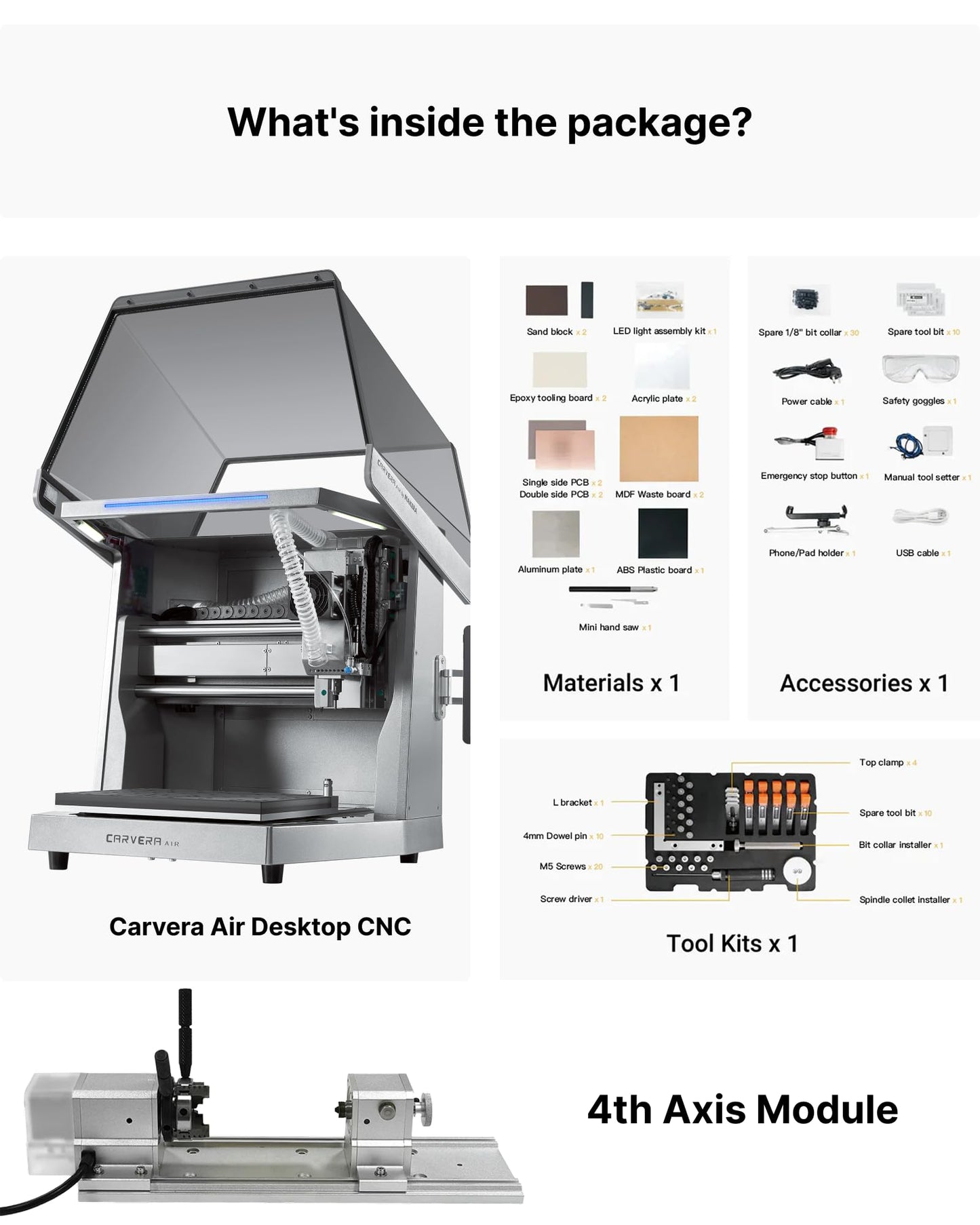 Carvera Air Desktop CNC Machine with 4th Axis, Compact Enclosed Mini CNC Router Mill, Quick Tool Changer Closed-Loop Control, Makera CAM, High Precision 4th Axis for DIY Makers Workshops Metal Wood