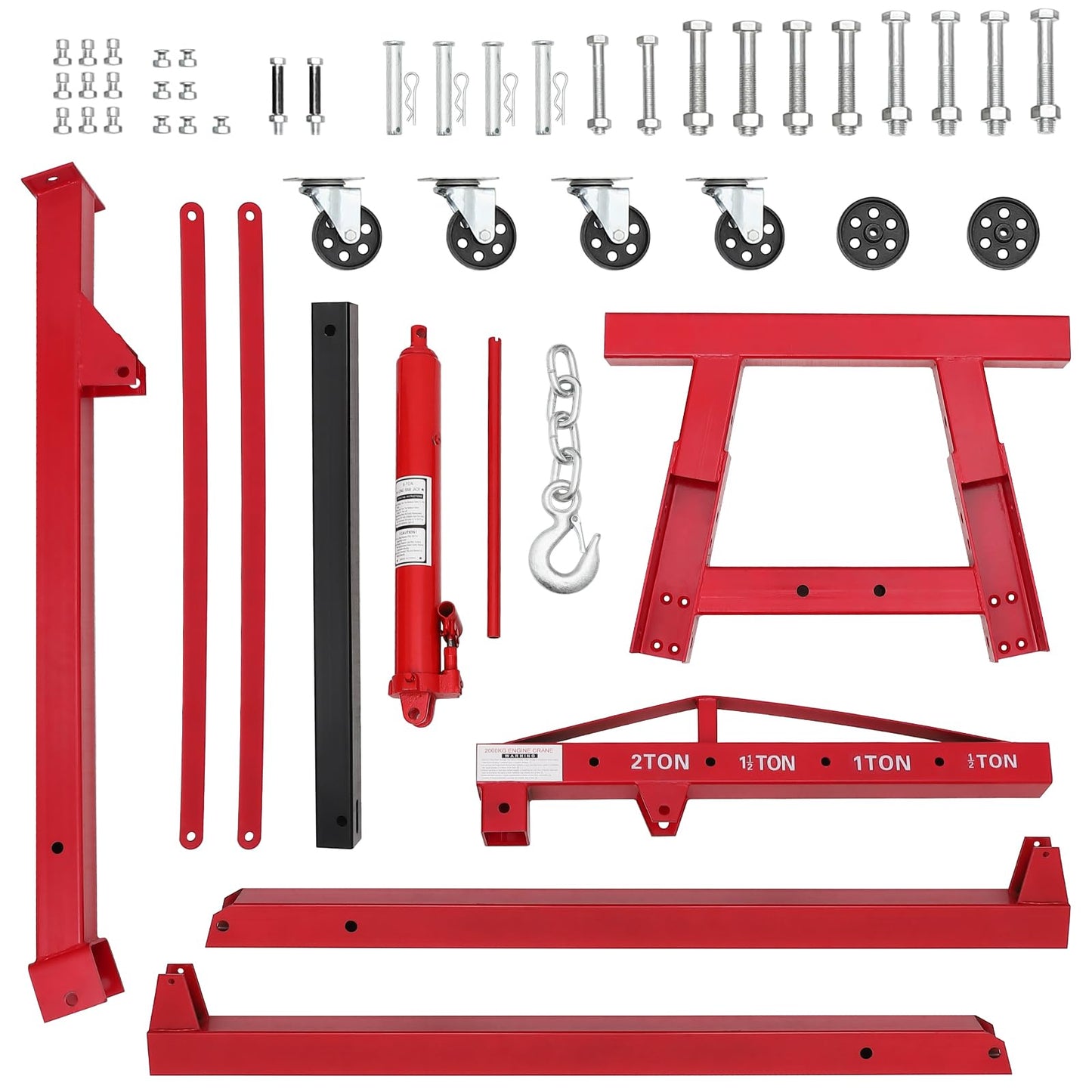 Garvee 2 Ton Engine Hoist, Hydraulic Cherry Picker Engine Crane, Heavy Duty Folding Shop Crane with 6 Casters, Engine Lift for Garage, Workshop, Red