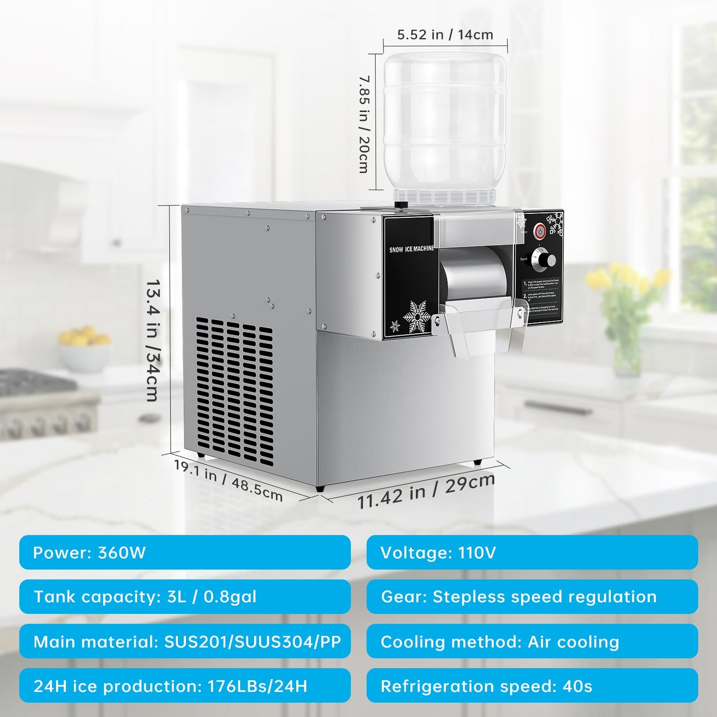 Fajiduo Snowflake Ice Machine, 176 LBS/24H Commercial Shaved Ice Machine, Rapid Cooling and 9 Adjustable Speed, Stainless Steel Snowflake Ice Maker for Home, Restaurant, Office, Party