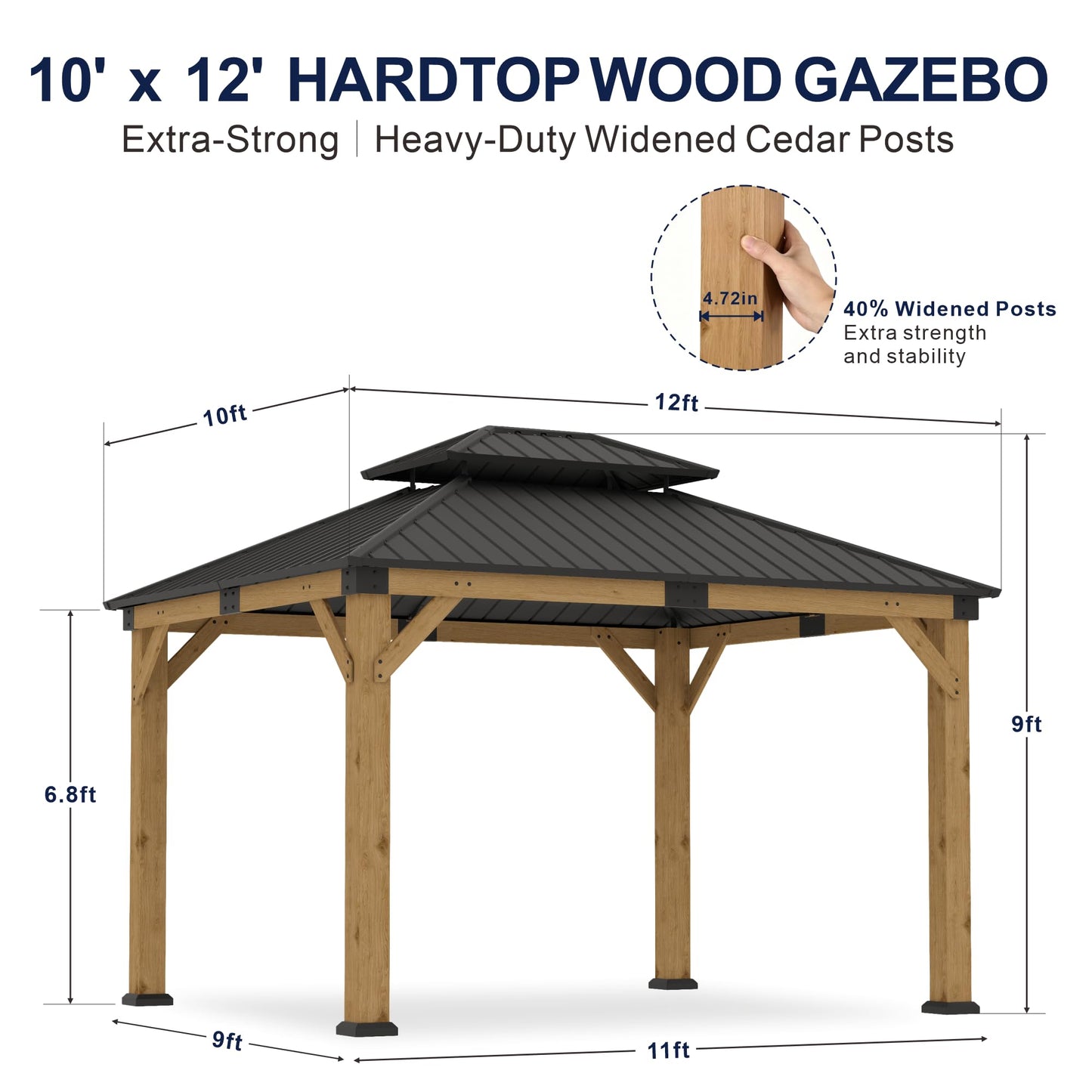 Wood Gazebo 10' x 12', Permanent Pavilion with Hardtop Galvanized Steel Double Roof, Cedar Gazebo with 4.72" Thickened Wooden Posts for Poolside, Patio, Backyard, Garden and Deck