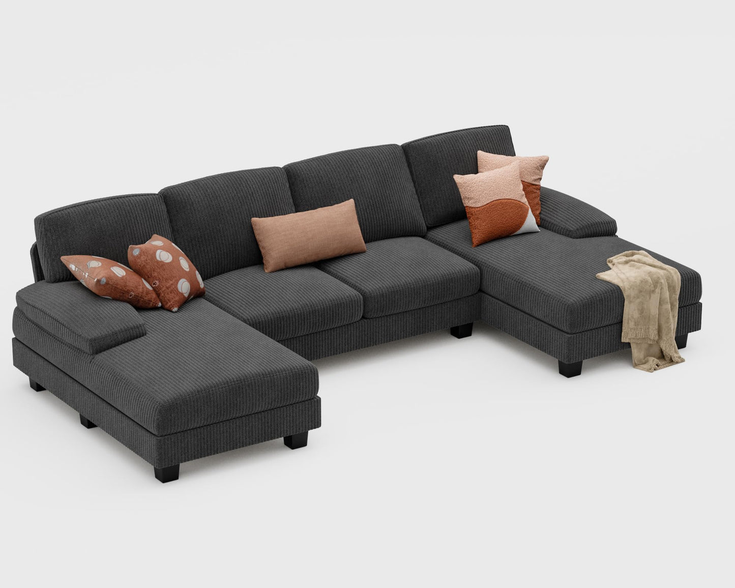 Furniwell Convertible Sectional Sofa Couch, 4 Seat Sofa Set for Living Room U-Shaped Modern Fabric Modular Sofa Sleeper with Double Chaise & Memory Foam (Corduroy, Deep Grey)