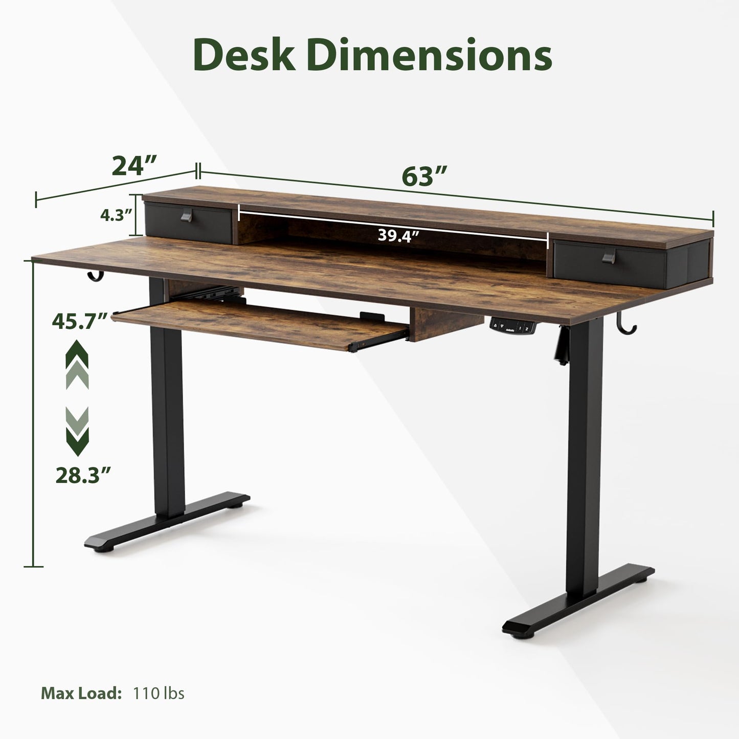 Agilestic Electric Standing Desk with 2 Drawers and Keyboard Tray, 63 x 24 Inches Ergonomic Adjustable Height Desk with Storage, Sit Stand up Computer Workstation, Rustic Brown