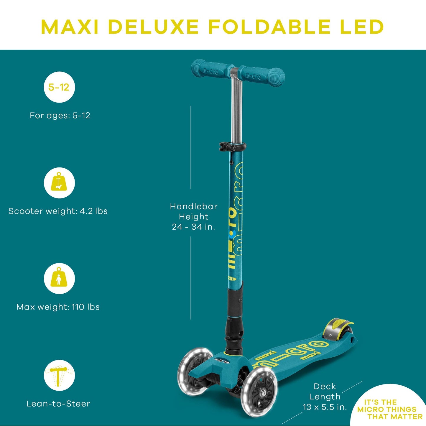 Micro Kickboard | Maxi Foldable LED Kids Scooter for Ages 5-12 | Children up to 110 lbs | 3 Wheel Lean-to-Steer Design | Adjustable T Bar | Smooth Ride, Motion Activated PU LED Wheels | Swiss Design