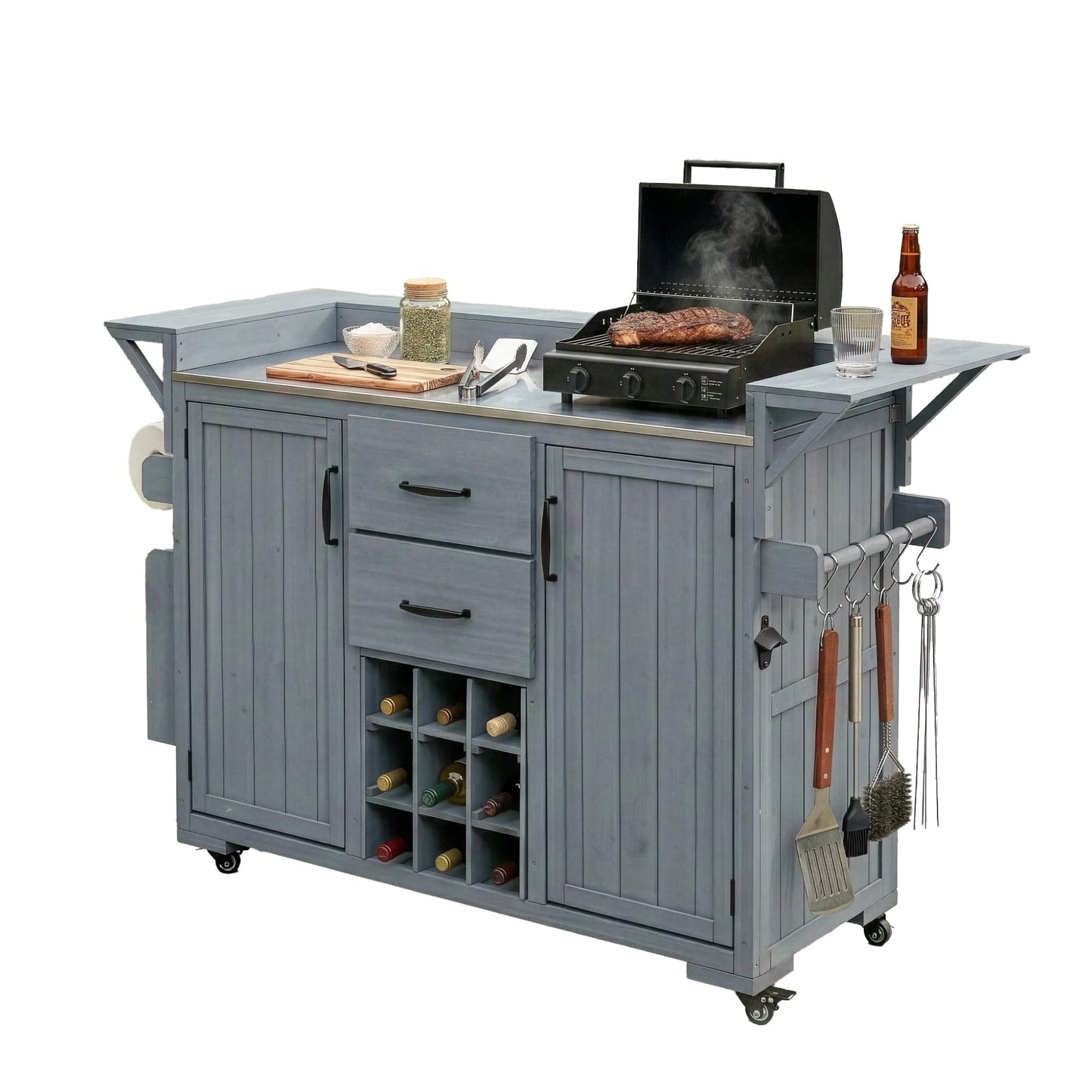 GDFStudio Elhill Patio Kitchen Island Cart with Extendable Top, Wooden Outdoor Storage Cabinet with Stainless Steel BBQ Prep Table Top, Wine Rack, Spice Rack, Drawers and Lockable Wheels, Gray